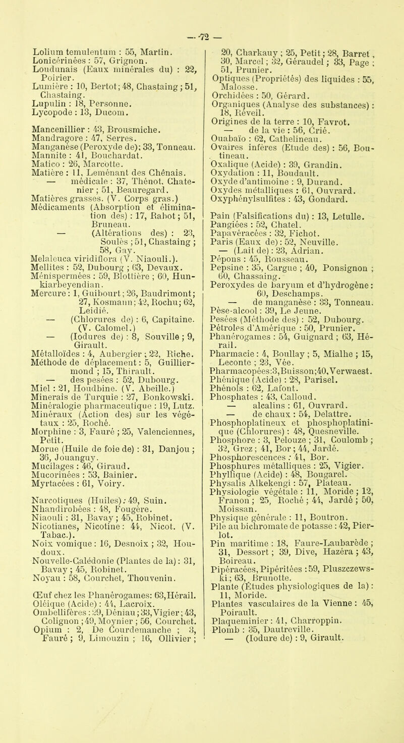 - *72 — Lolium temulentum : 55, Martin. Lonicérinées : 57, Grignon. Loudunais (Eaux minérales du) : 22, Poirier. Lumière : 10, Bertot; 48, Chastaing ; 51, Chastaing. Lupulin : 18, Personne. Lycopode : 13, Ducom. Mancenillier : 43, Brousmiche. Mandragore : 47, Serres. Manganèse (Peroxyde de); 33, Tonneau. Mannite : 41, Bouchardat. Matico ; 26, Marcotte. Matière : 11, Leménant des Ghênais. — médicale : 37, Thénot, Chate- nier ; 51, Beauregard. Matières grasses. (Y. Corps gras.) Médicaments (Absorption et élimina- tion des) : 17, Babot; 51, Bruneau. — (Altérations des) : 23, Soulès ; 51, Chastaing ; 58, Gay. Melaleuca viridiflora (V. Niaouli.). Mellites : 52, Dubourg ; 63, Devaux. Ménispermées ; 59, Blottière ; 60, Hun- kiarbeyendian. Mercure ; 1, Guibourt ; 26, Baudrimont ; 27, Kosmann ; 42, Rochu; 62, Leidié. — (Chlorures de) : 6, Capitaine. (Y. Calomel.) — (Iodures de) : 8, Souville ; 9, Girault. Métalloïdes : 4, Aubergier ; 22, Riche. Méthode de déplacement : 5, Guillier- mond ; 15, Thirault. — des pesées : 52, Dubourg. Miel : 21, Houdbine. (V. Abeille.) Minerais de Turquie : 27, Bonkowski. Minéralogie pharmaceutique : 19, Lutz. Minéraux (Action des) sur les végé- taux : 25, Roché. Morphine : 3, Fauré ; 25, Yalenciennes, Petit. Morue (Huile de foie de) : 31, Danjou ; 36, Jouanguy. Mucilages ; 46, Giraud. Mucorinées : 53, Bainier. Myrtacées : 61, Yoiry. Narcotiques (Huiles);49, Suin. Nhandirobées : 48, Fougère. Niaouli ; 31, Bavay ; 45, Robinet. Nicotianes, Nicotine: 44, Nicot. (Y. Tabac.). Noix vomique : 16, Desnoix ; 32, Hou- doux. Nouvelle-Calédonie (Plantes de la) : 31, Bavay ; 45, Robinet. Noyau : 58, Courchet, Thouvenin. Œuf chez les Phanérogames: 63,Hérail. Oléique (Acide) : 44, Lacroix. Ombellifères : 29, Déniau ; 33, Vigier ; 43, Colignon ; 49, Moynier ; 56, Courchet. Opium : 2, De Courdemanche ; 3, Fauré ; 9, Limouzin ; 16, Ollivier ; 20, Charkauy ; 25, Petit ; 28, Barret, 30, Marcel ; 32, Géraudel : 33, Pase • 51, Prunier. Optiques (Propriétés) des liquides : 55, Malosse. Orchidées : 50, Gérard. Organiques (Analyse des substances) : 18, Réveil. Origines de la terre : 10, Favrot. — de la vie : 56, Crié. Ouabaïo : 62, Cathelineau. Ovaires infères (Etude des) : 56, Bou- tin eau. Oxalique (Acide) : 39, Grandin. Oxydation : 11, Boudault. Oxyde d’antimoine : 9, Durand. Oxydes métalliques : 61, Ouvrard. Oxyphénylsulfites : 43, Gondard. Pain (Falsifications du) : 13, Letulle. Pangiées : 52, Chatel. Papavéracées : 32, Fichot. Paris (Eaux de) : 52, Neuville. — (Lait de) : 23, Adrian. Pépons : 45, Rousseau. Pepsine : 35, Cargue ; 40, Ponsignon ; 60, Chassaing. Peroxydes de baryum et d’hydrogène : 60, Deschamps. — de manganèse : 33, Tonneau. Pèse-alcool : 39, Le Jeune. Pesées (Méthode des) : 52, Dubourg. Pétroles d’Amérique : 50, Prunier. Phanérogames : 54, Guignard ; 63, Hé- rail. Pharmacie : 4, Boullay ; 5, Mialhe ; 15, Leconte ; 23, Yée. Pharmacopées:3,Buisson;40,Verwaest. Phénique (Acide) : 28, Parisel. Phénols : 62, Lafont. Phosphates : 43, Calloud. — alcalins : 61, Ouvrard. — de chaux : 54, Delattre. Phosphoplatineux et phosphoplatini- que (Chlorures) : 48, Quesneville. Phosphore : 3, Pelouze ; 31, Coulomb ; 32, Grez ; 41, Bor ; 44, Jardé. Phosphorescences ; 41, Bor. Phosphures métalliques : 25, Yigier. Phyllique (Acide) : 48, Bougarel. Physalis Alkekengi : 57, Plateau. Physiologie végétale : 11, Moride ; 12, Franon ; 25, Roché ; 44, Jardé ; 50, Moissan. Physique générale : 11, Boutron. Pile au bichromate de potasse : 42, Pier- lot. Pin maritime : 18, Faure-Laubarède ; 31, Dessort ; 39, Dive, Hazéra ; 43, Boireau. Pipéracées,Pipéritées :59, Pluszczews- ki ; 63, Brunotte. Plante (Études physiologiques de la) : 11, Moride. Plantes vasculaires de la Yienne : 45, Poirault. Plaqueminier : 41, Charroppin. Plomb : 35, Dautreville. — (Iodure de) : 9, Girault.