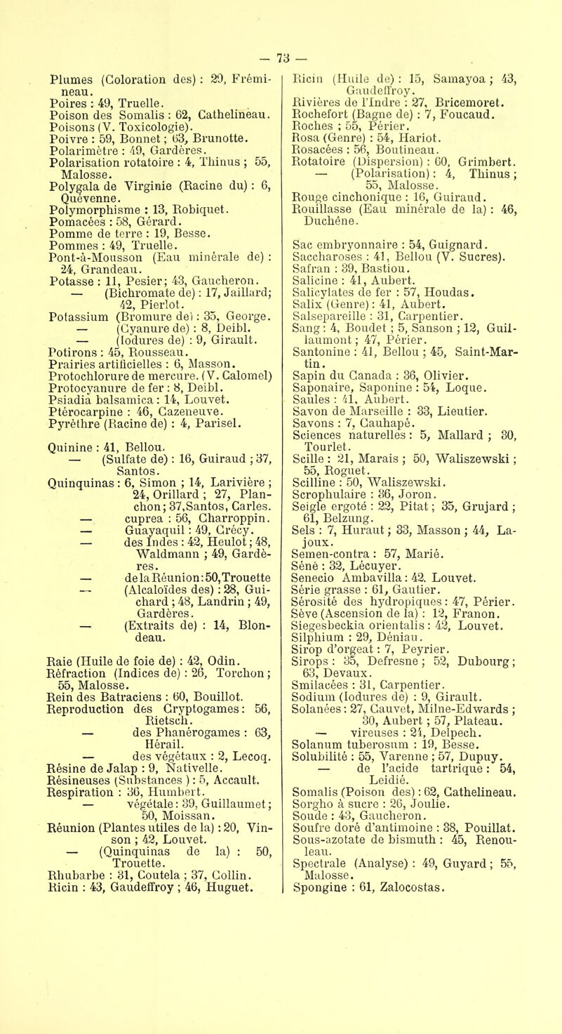 Plumes (Coloration des) : 29, Frémi- neau. Poires : 49, Truelle. Poison des Somalis : 62, Cathelineau. Poisons (Y. Toxicologie). Poivre : 59, Bonnet ; 63, Brunotte. Polarimètre : 49, Gardères. Polarisation rotatoire : 4, Thinus ; 55, Malosse. Polygala de Virginie (Racine du) : 6, Quévenne. Polymorphisme : 13, Robiquet. Pomacées : 58, Gérard. Pomme de terre : 19, Besse. Pommes : 49, Truelle. Pont-à-Mousson (Eau minérale de) : 24, Grandeau. Potasse : 11, Pesier; 48, Gaucheron. — (Bichromate de) : 17, Jaillard; 42, Pierlot. Potassium (Bromure de) : 35, George. — (Cyanure de) : 8, Deibl. — (lodures de) : 9, Girault. Potirons : 45, Rousseau. Prairies artificielles : 6, Masson. Protochlorure de mercure. (V. Calomel) Protocyanure de fer : 8, Deibl. Psiadia balsamica : 14, Louvet. Ptérocarpine : 46, Cazeneuve. Pyrèthre (Racine de) : 4, Parisel. Quinine : 41, Bellou. — (Sulfate de) : 16, Guiraud ; 37, Santos. Quinquinas : 6, Simon ; 14, Larivière ; 24, Orillard ; 27, Plan- chon; 37,Santos, Caries. — cuprea : 56, Charroppin. — Guayaquil : 49, Crécy. — des Indes : 42, Heulot ; 48, Waldmann ; 49, Gardè- res. — de la Réunion: 50, Trouette — (Alcaloïdes des) : 28, Gui- chard ; 48, Landrin ; 49, Gardères. — (Extraits de) : 14, Blon- deau. Raie (Huile de foie de) : 42, Odin. Réfraction (Indices de) : 26, Torchon ; 55, Malosse. Rein des Batraciens : 60, Bouillot. Reproduction des Cryptogames : 56, Rietsch. — des Phanérogames : 63, Hérail. — des végétaux : 2, Lecoq. Résine de Jalap : 9, Nativelle. Résineuses (Substances ) : 5, Accault. Respiration : 36, Humbert. — végétale : 39, Guillaumet ; 50, Moissan. Réunion (Plantes utiles de la) : 20, Vin- son ; 42, Louvet. — (Quinquinas de la) : 50, Trouette. Rhubarbe : 31, Coutela ; 37, Collin. Ricin : 43, Gaudeffroy ; 46, Huguet. Ricin (Huile de) : 15, Samayoa ; 43, Gaudeffroy. Rivières de l’Indre : 27, Bricemoret. Rochefort (Bagne de) : 7, Foucaud. Roches ; 55, Périer. Rosa (Genre) : 54, Hariot. Rosacées : 56, Boutineau. Rotatoire (Dispersion) : 60, Grimbert. — (Polarisation) : 4, Thinus ; 55, Malosse. Rouge cinchonique : 16, Guiraud. Rouillasse (Eau minérale de la) : 46, Duchêne. Sac embryonnaire : 54, Guignard. Saccharoses : 41, Bellou (V. Sucres). Safran : 39, Bastiou. Salicine : 41, Aubert. Salicylates de fer : 57, Houdas. Salix (Genre) : 41, Aubert. Salsepareille : 31, Carpentier. Sang : 4, Boudet ; 5, Sanson ; 12, Guil- laumont ; 47, Périer. Santonine : 41, Bellou ; 45, Saint-Mar- tin. Sapin du Canada : 36, Olivier. Saponaire, Saponine : 54, Loque. Saules : 41, Aubert. Savon de Marseille : 33, Lieutier. Savons : 7, Gauhapé. Sciences naturelles : 5, Mallard ; 30, Tourlet. Scille : 21, Marais ; 50, Waliszewski ; 55, Roguet. Scilline : 50, Waliszewski. Scrophulaire : 86, Joron. Seigle ergoté : 22, Pitat ; 35, Grujard ; 61, Belzung. Sels : 7, Huraut ; 33, Masson ; 44, La- joux. Semen-contra : 57, Marié. Séné : 32, Lécuyer. Senecio Ambavilla : 42. Louvet. Série grasse : 61, Gautier. Sérosité des hydropiques: 47, Périer. Sève (Ascension de la) : 12, Franon. Siegesbeckia orientalis : 42, Louvet. Silphium : 29, Déniau. Sirop d’orgeat : 7, Peyrier. Sirops : 35, Defresne ; 52, Dubourg ; 63, Devaux. Smilacées : 31, Carpentier. Sodium (lodures de) : 9, Girault. Solanées : 27, Cauvet, Milne-Edwards ; 30, Aubert ; 57, Plateau. — vireuses : 24, Delpech. Solanum tuberosum : 19, Besse. Solubilité : 55, Varenne ; 57, Dupuy. — de l’acide tartrique : 54, Leidié. Somalis (Poison des) : 62, Cathelineau. Sorgho à sucre : 26, Joulie. Soude : 43, Gaucheron. Soufre doré d’antimoine : 38, Pouillat. Sous-azotate de bismuth : 45, Renou- leau. Spectrale (Analyse) : 49, Guyard ; 55, Malosse. Spongine : 61, Zalocostas.