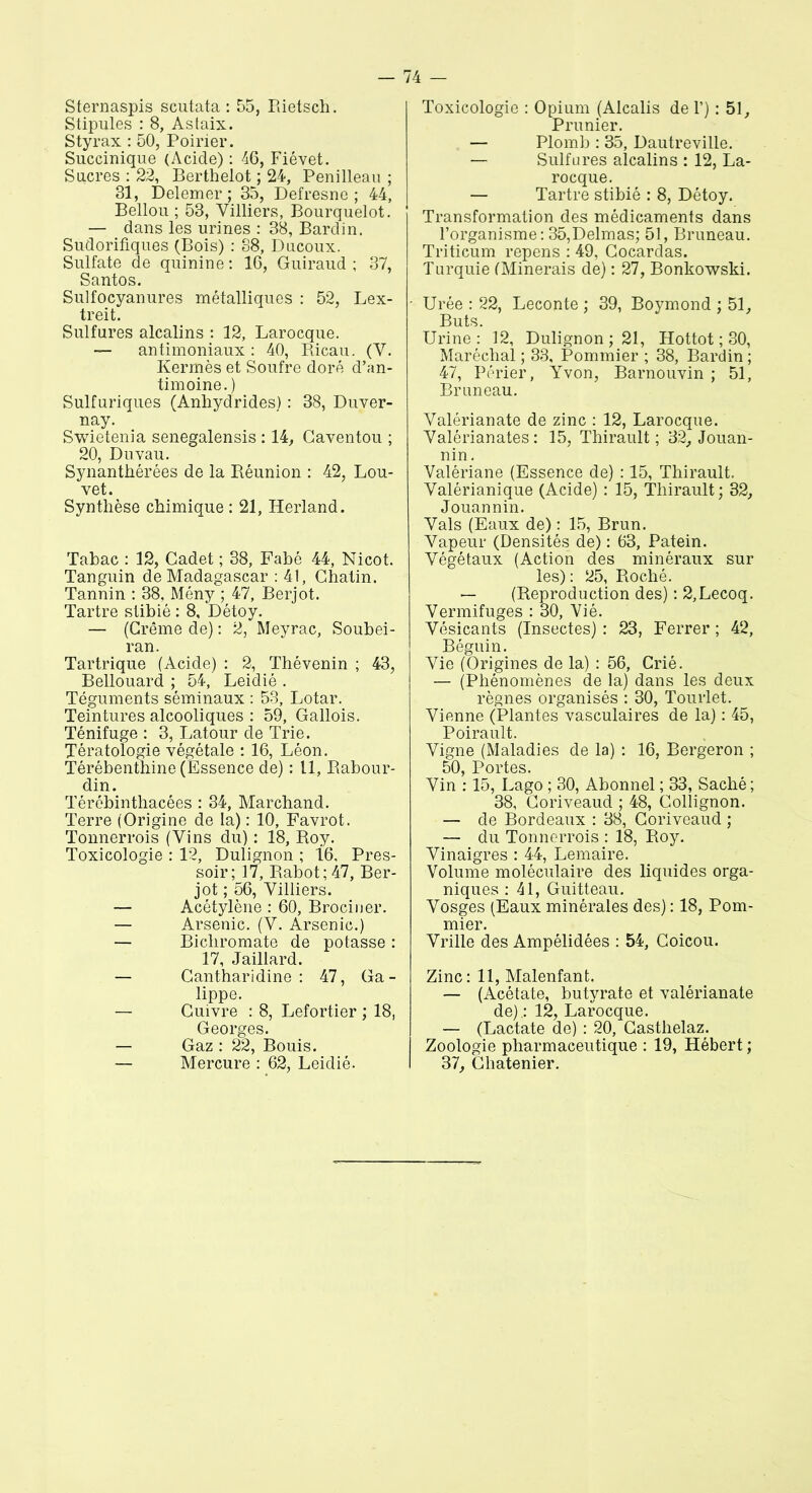 Sternaspis scutata : 55, Rietsch. Stipules : 8, Astaix. Styrax : 50, Poirier. Succinique (Acide) : 46, Fiévet. Sucres : 22, Berthelot ; 24, Penilleau ; 31, Delemer ; 35, Defresne ; 44, Bellou ; 53, Villiers, Bourquelot. — dans les urines : 38, Bardin. Sudorifiques (Bois) : 38, Ducoux. Sulfate de quinine : 16, Guiraud ; 37, Santos. Sulfocyanures métalliques : 52, Lex- treit. Sulfures alcalins : 12, Larocque. — antimoniaux : 40, Ricau. (Y. Kermès et Soufre doré d’an- timoine.) Sulfuriques (Anhydrides) : 38, Duver- nay. Swietenia senegalensis : 14, Caventou ; 20, Du vau. Synanthérées de la Réunion : 42, Lou- vet. Synthèse chimique : 21, Herland. Tabac : 12, Cadet ; 38, Fabé 44, Nicot. Tanguin de Madagascar : 41, Chatin. Tannin : 38, Mény ; 47, Berjot. Tartre stibié : 8, Détoy. — (Crème de) : 2, Meyrac, Soubei- ran. Tartrique (Acide) : 2, Thévenin ; 43, Bellouard ; 54, Leidié . Téguments séminaux : 53, Lotar. Teintures alcooliques : 59, Gallois. Ténifuge : 3, Latour de Trie. Tératologie végétale : 16, Léon. Térébenthine (Essence de) : U, Rabour- din. Térébinthacées : 34, Marchand. Terre (Origine de la) : 10, Favrot. Tonnerrois (Vins du) : 18, Roy. Toxicologie : 12, Dulignon ; 16, Pres- soir; 17, Rabot; 47, Ber- jot ; 56, Villiers. — Acétylène : 60, Brociner. — Arsenic. (V. Arsenic.) — Bichromate de potasse : 17, Jaillard. — Cantharidine : 47, Ga- lippe. — Cuivre : 8, Lefortier ; 18, Georges. — Gaz : 22, Bouis. — Mercure : 62, Leidié. Toxicologie : Opium (Alcalis de T) : 51, Prunier. — Plomb : 35, Dautreville. — Sulfures alcalins : 12, La- rocque. — Tartre stibié : 8, Détoy. Transformation des médicaments dans l’organisme: 35,Delmas; 51, Bruneau. Triticum repens : 49, Cocardas. Turquie (Minerais de) : 27, Bonkowski. ' Urée : 22, Leconte ; 39, Boymond ; 51, Buts. Urine: 12, Dulignon; 21, Hottot ; 30, Maréchal ; 33, Pommier ; 38, Bardin ; 47, Périer, Yvon, Barnouvin ; 51, Bruneau. Valérianate de zinc : 12, Larocque. Yalérianates : 15, Thirault ; 32, Jouan- nin. Valériane (Essence de) : 15, Thirault. Valérianique (Acide) : 15, Thirault ; 32, Jouannin. Vais (Eaux de) : 15, Brun. Vapeur (Densités de) : 63, Patein. Végétaux (Action des minéraux sur les) : 25, Roché. — (Reproduction des) : 2,Lecoq. Vermifuges : 30, Vié. Vésicants (Insectes) : 23, Ferrer ; 42, Béguin. Vie (Origines de la) : 56, Crié. — (Phénomènes de la) dans les deux règnes organisés : 30, Tourlet. Vienne (Plantes vasculaires de la) : 45, Poirault. Vigne (Maladies de la) : 16, Bergeron ; 50 Portos Vin : 15, Lago ; 30, Abonnel ; 33, Saché ; 38, Coriveaud ; 48, Collignon. — de Bordeaux : 38, Coriveaud ; — du Tonnerrois : 18, Roy. Vinaigres : 44, Lemaire. Volume moléculaire des liquides orga- niques : 41, Guitteau. Vosges (Eaux minérales des) : 18, Pom- mier. Vrille des Ampélidées : 54, Coicou. Zinc: 11, Malenfant. — (Acétate, butyrate et valérianate de).: 12, Larocque. — (Lactate de) : 20, Casthelaz. Zoologie pharmaceutique : 19, Hébert ; 37, Chatenier.