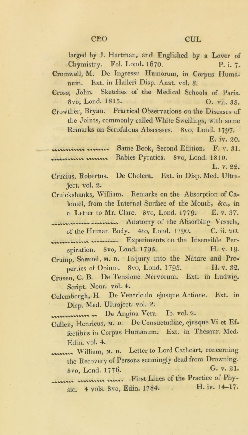 larged by J. Hartman, and Englished by a Lover of .Chymistry. Fob Lond. I67O. P. i. 7. Cromwell, M. De Tngressu Humorum, in Corpus Huma- num. Ext. in Halleri Disp. Anat. vol. 3. Cross, John. Sketches of the Medical Schools of Paris. 8vo, Lond. 1815. O. vii. 33. Crowther, Bryan. Practical Observations on the Diseases of the Joints, commonly called White Swellings, with some Remarks on Scrofulous Abscesses. 8vo, Lond. 1797. E. iv. 20. Same Book, Second Edition. F. v. 31. Rabies Pyratica. 8vo, Lond. 1810. L. V. 22. Crucius, Robertus. De Cholera. Ext. in Disp. Med. Ultra- ject. vol. 2. Cruickshanks, William. Remarks on the Absorption of Ca- lomel, from the Internal Surface of the Mouth, &c., in a Letter to Mr. Clare. 8vo, Lond. 1779* E. v. 37. Anatomy of the Absorbing Vessels, of the Human Body. 4to, Lond. 1790* C. ii. 20. Experiments on the Insensible Per- spiration. 8vo, Lond. 1795. H. v. I9. Crump, Samuel, m. d. Inquiry into the Nature and Pro- perties of Opium. 8vo, Lond. 1793. H. v. 32. Crusen, C. B. De Tensione Nervorum. Ext. in Ludwig, Script. Neur. vol. 4. Culemborgh, H. De Ventriculo ejusque Actione. Ext. in Disp. Med. Ultraject. vol. 2. De Angina Vera. Ib. vol. 2. Cullen, Henricus, m. d. De Consuetudine, ejusque Vi et Ef- fectibus in Corpus Humanum. Ext. in Thesaur. Med. Edin. vol. 4. William, M. D. Letter to Lord Catbcart, concerning the Recovery of Persons seemingly dead from Drowning. 8vo, Lond. 1776. First Lines of the Practice of Phy-