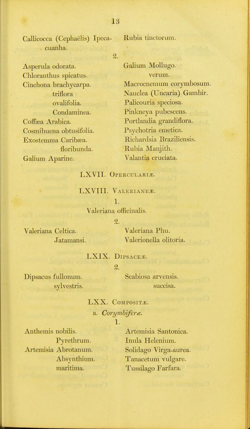 18 Callicocca (Cephaelis) Ipeca- cuanha. Asperula odorata. Cliloranthus spicatus. Cinchona brachycarpa. triflora ovalifolia. Condaminea. Coffaea Arabica. Cosmibuena obtusifoha. Exostemma Caribaea. floribunda. Galium Aparine. 2. Rubia tinctorum. Galium Mollugo. verum. Maci'ocnemum corymbosum. Nauclea (Uncaria) Gambir. Palicouria speciosa. Pinloieya pubescens. Portlandia grandiflora. Psychotria emetica. Richardsia Braziliensis. Rubia Manjith. Valantia cruciata. LXVII. Operculari^. LXVIII. Valeriane^. 1. Valeriana officinalis. 0 Valeriana Celtica. Jatamansi. Valeriana Phu. Valerionella olitoria. LXIX. DiPSACE/E. 2. Dipsacus fuUonum. Scabiosa arvensis. sylvestris. succisa. LXX. CoMPOSITiE. a. Corymh'ifera. 1. Artemisia Santonica. Inula Helenium. Solidago Virga-aurea. Tanacetum vulgare. Tussilago Farfara. Anthemis nobilis. Pyrethrum. Artemisia Abrotanum. Absynthium. maritima.