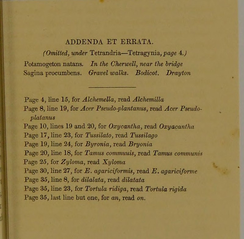 ADDENDA ET ERRATA. f Omitted, under Tetrandria—Tetragynia, pajre 4.J Potamogeton natans. In the Cherwell, near the bridge Sagina procumbens. Gravel walks. Bodicot. Drayton Page 4, line 15, for Alchemella, read Alchemilla Page 8, line 19, for Acftr Pseitdo-plantanus, read Acer Pseudo- platanus Page 10, lines 19 and 20, for Oxycantha, read Oxyacantha Page 17, line 23, for Tussilalo, read Tussilago Page 19, line 24, for Byronia, read Bryonia Page 20, line 18, for Tamus commuuis, read Tamus communis Page 25, for Zyloma, read Xyloma Page 30, line 27, for E. agariciformis, read E. agaricifortne Page 35, line 8, for dilalata, read dilatata Page 35, line 23, for Tortula ridiga, read Tortula rigida Page 36, lust line but one, for an, read on.