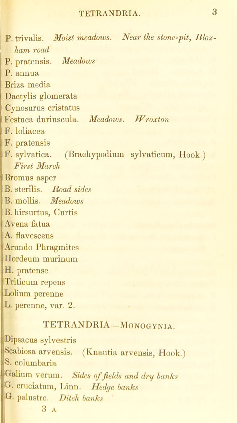 P. trivalis. Moist meadows. Near the stone-pit, Blox- ham road P. pratensis. Meadows P. annua Briza media Dactjlis glomerata Cjnosurus cristatus Festuca duriuscula. Meadows. Wrox ton F. loliacea F. pratensis F. sylvatica. (Brachypodium sylvaticum, Hook.) First March Bromus asper B. sterilis. Road sides B. mollis. Meadows B. hirsurtus, Curtis Avena fatua A. flavescens Arundo Phragmites Hordeum murinum H. pratense Triticum repens Lolium perenne L. perenne, var. 2. TETRANDRIA-MONOGYNiA. Oipsacus sylvestris Scabiosa arvensis. (Knautia arvensis, Hook.) S. columbaria Galium varum. Sides of fields and dry banks *-«•. cruciatura, jinn. I~Ied(ie banks G. palustrc. Dilch banks 3 A