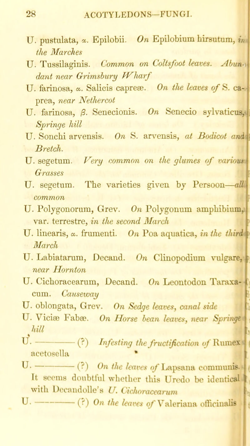 U. pustulata, a. Epilobii. On Epilobium hirsutum, im the Marches U. Tussilaginis. Common on Coltsfoot leaves. Abun-\ dant near Grimsbury PVharf U. farinosa, a. Salicis capreee. On tlie haves of S. ca-« prea, near Nethercot U. farinosa, /3. Senecioiiis. On Senecio sjlvaticus,* Springe hill U. Sonchi arvensis. On S. arvensis, at Bodicot antL Bretch. U. segetum. T'^ery common on the glumes of va Grasses U. segetum. The varieties given \>y Persoon common U. Polygonorum, Grev. On Polygonum ampliibium,! var. terrestre, in the second March U. linearis, a. frumenti. On Poa aquatica, in the ihirdi March U. Labiatarum, Decand. On Clinopodium vulgare,- near Hornton « U. Cichoracearum, Decand. On Leontodon Taraxa-' cum. Causeway i U. oblongata, Grev. On Sedge leaves, canal side I j U. Vicioe Fabee. On Horse bean leaves, near Springn ■ hill U. (?) Infesting the fructification of Riunex* ( acetosclla • U- (?) On the leaves of Lapsana communiB.* ( It soonis doubtlnl whether this Uredo be identical , with UecandoUe's U. Cichoracearum ?I U- (?) On the leaves o/'Valeriana officinalis { I