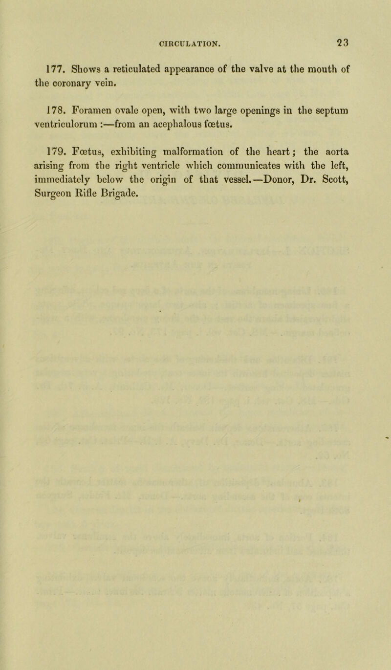 177. Shows a reticulated appearance of the valve at the mouth of the coronary vein. 178. Foramen ovale open, with two large openings in the septum ventriculorum :—from an acephalous foetus. 179. Foetus, exhibiting malformation of the heart; the aorta arising from the right ventricle which communicates witli the left, immediately below the origin of that vessel.—Donor, Dr. Scott, Surgeon Rifle Brigade.