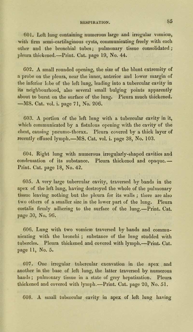 601. LeFt lung containing numerous large and irregular vomicae, with firm semi-cartilaginous cysts, communicating freely with each other and the bronchial tubes; pulmonary tissue consolidated; pleura thickened.—Print. Cat. page 19, No. 44. 602. A small rounded opening, the size of the blunt extremity of a probe on the pleura, near the inner, anterior and lower margin of the inferior lobe of the left lung, leading into a tubercular cavity in its neighbourhood, also several small bulging points apparently about to burst on the surface of the lung. Pieura much thickened. —MS. Cat. vol. i. page 71, No. 206. 603. A portion of the left lung with a tubercular cavity in it, which communicated by a fistulous opening with the cavity of the chest, causing pneumo-thorax. Pleura covered by a thick layer of recently effused lymph.—MS. Cat. vol. i. page 38, No. 103. 604. Right lung with numerous irregularly-shaped cavities and condensation of its substance. Pleura thickened and opaque.— Print. Cat. page 18, No. 42. 605. A very large tubercular cavity, traversed by bands in the apex of the left lung, having destroyed the whole of the pulmonary tissue leaving nothing but the pleura for its walls ; there are also two others of a smaller size in the lower part of the lung. Pleura costalis firmly adhering to the surface of the lung.—Print. Cat. page 30, No. 96. 606. Lung with two vornicce traversed by bands and commu- nicating with the bronchi ; substance of the lung studded with tubercles. Pleura thickened and covered with lymph.—Print. Cat. page 11, No. 5. 607. One irregular tubercular excavation in the apex and another in the base of left lung, the latter traversed by numerous bands ; pulmonary tissue in a state of grey hepatization. Pleura thickened and covered with lymph.—Print. Cat. page 20, No. 51. 608. A small tubercular cavity in apex of left lung having