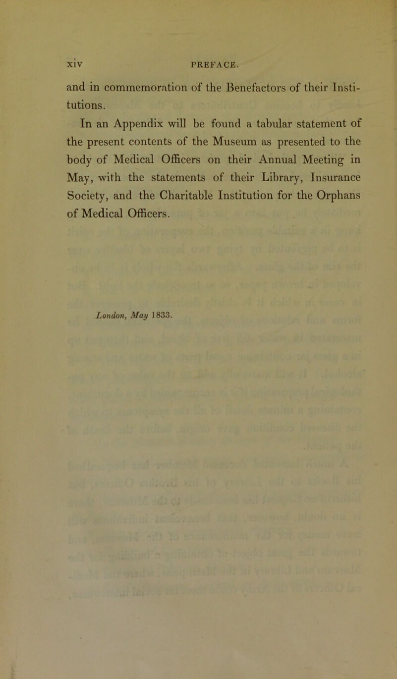 and in commemoration of the Benefactors of their Insti- tutions. In an Appendix will be found a tabular statement of the present contents of the Museum as presented to the body of Medical Officers on their Annual Meeting in May, with the statements of their Library, Insurance Society, and the Charitable Institution for the Orphans of Medical Officers. London, May 1833.