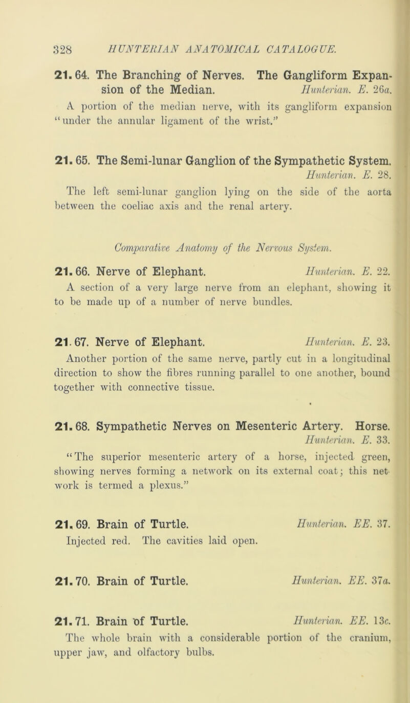 21.64. The Branching- of Nerves. The Gangliform Expan- sion of the Median. Hunterian. E. 26a. A portion of the median nerve, with its gangliform expansion “ under the annular ligament of the wrist.” 21.65. The Semi-lunar Ganglion of the Sympathetic System. Hunterian. E. 28. The left semi-lunar ganglion lying on the side of the aorta between the coeliac axis and the renal artery. Comparative Anatomy of the Nervous System. 21.66. Nerve of Elephant. Hunterian. E. 22. A section of a very large nerve from an elephant, showing it to be made up of a number of nerve bundles. 21.67. Nerve of Elephant. Hunterian. E. 23. Another portion of the same nerve, partly cut in a longitudinal direction to show the fibres running parallel to one another, bound together with connective tissue. 21.68. Sympathetic Nerves on Mesenteric Artery. Horse. Hunterian. E. 33. “The superior mesenteric artery of a horse, injected green, showing nerves forming a network on its external coat; this net work is termed a plexus.” 21,69. Brain of Turtle. Hunterian. EE. 37. Injected red. The cavities laid open. 21.70. Brain of Turtle. Hunterian. EE. 37a. 21.71. Brain nf Turtle. Hunterian. EE. 13c. The whole brain with a considerable portion of the cranium, upper jaw, and olfactory bulbs.