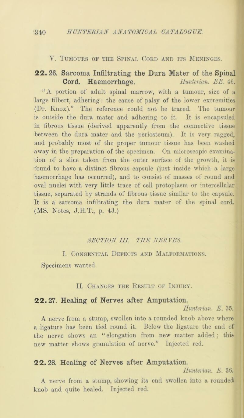 V. Tumours of the Spinal Cord and its Meninges. 22.26. Sarcoma Infiltrating the Dura Mater of the Spinal Cord. Haemorrhage. Hunterian. EE. 46. “A portion of adult spinal marrow, with a tumour, size of a large filbert, adhering; the cause of palsy of the lower extremities (Dr. Knox).” The reference could not be traced. The tumour is outside the dura mater and adhering to it. It is encapsuled in fibrous tissue (derived apparently from the connective tissue between the dura mater and the periosteum). It is very ragged, and probably most of the proper tumour tissue has been washed away in the preparation of the specimen. On microscopic examina- tion of a slice taken from the outer surface of the growth, it is found to have a distinct fibrous capside (just inside which a large haemorrhage has occurred), and to consist of masses of round and oval nuclei with very little trace of cell protoplasm or intercellular tissue, separated by strands of fibrous tissue similar to the capsule. It is a sarcoma infiltrating the dura mater of the spinal cord. (MS. Notes, J.H.T., p. 43.) SECTION III. THE NERVES. I. Congenital Defects and Malform.vtions. Specimens wanted. II. Changes the Kesult of Injury. 22.27. Healing of Nerves after Amputation. Hunterian. E. 35. A nerve from a stump, swollen into a rounded knob above where a ligature has been tied round it. Below the ligature the end of the nerve shows an “ elongation from new matter added; this new matter shows granulation of nerve.” Injected red. 22.28. Healing of Nerves after Amputation. Hunterian. E. 36. A nerve from a stump, showing its end swollen into a rounded knob and quite healed. Injected red.