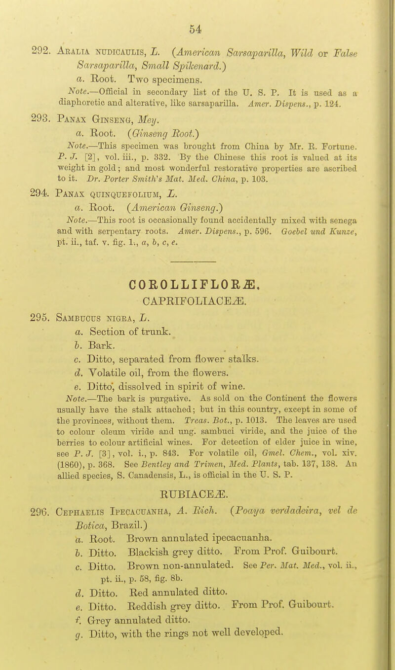 292. Aealia nudicaulis, L. {American SoA'scuparilla, Wild or False Sarsaparilla, Small Spikenard.) a. Root. Two specimens. Note.—Official in secondary list of the U. S. P. It is used as a diaphoretic and alterative, like sarsaparilla. Amer. Dispens., p. 124. 293. Panax Ginseno, Mey. a. Root. (Ginseng Boot.) Note.—This specimen was brought from China by Mr. E. Fortune. P. J. [2], vol. iii., p. 332. By the Chinese this root is valued at its weight in gold; and most wonderful restorative properties are ascribed to it. Dr. Porter Smith's Mat. Med. China, p. 103. 294. Panax quinqttbfolium, Z. a. Root. (American Ginseng.) Note.—This root is occasionally found accidentally mixed with senega and with serpentary roots. Amer. Dispens., p. 596. Goebel und Kunze, pt. ii., taf. V. fig. 1., a, h, c, e. COROLLIFLORiE. OAPRIFOLIACE^. 295. Sambucus nigea, L. a. Section of truiik. I. Bark. c. Ditto, separated from flower stalks. d. Volatile oil, from the flowers. e. Ditto', dissolved in spirit of wine. Note.—The bark is purgative. As sold on the Continent the flowers usually have the stalk attached; but in this country, except in some of the i^rovinces, without them. Treas. Bot., p. 1013. The leaves are used to colour oleum viride and img. sambuci viride, and the juice of the berries to colour artificial wines. For detection of elder juice in wine, see P. J. [3], vol. i., p. 843. For volatile oil, Gviel. Chem., vol. xiv. (1860), p. 368. See Bentley and Trimen, Med. Plants, tab. 137, 138. An allied species, S. Canadensis, L., is official in the U. S. P. RUBIACB^. 296. Cephablis Ipecacuanha, A. Rich. {Poaya verdadeira, vel de Botica, Brazil.) a. Root. Brown annnlated ipecacuanha. h. Ditto. Blackish grey ditto. Prom Prof. Guibonrt. c. Ditto. Brown non-anmilated. See Per. Mat. Med., vol. ii., pt. ii., p. 58, fig. 8b. d. Ditto. Red annnlated ditto. e. Ditto. Reddish grey ditto. Prom Prof. Guibourt. Grey annulated ditto. g. Ditto, with the rings not well developed.