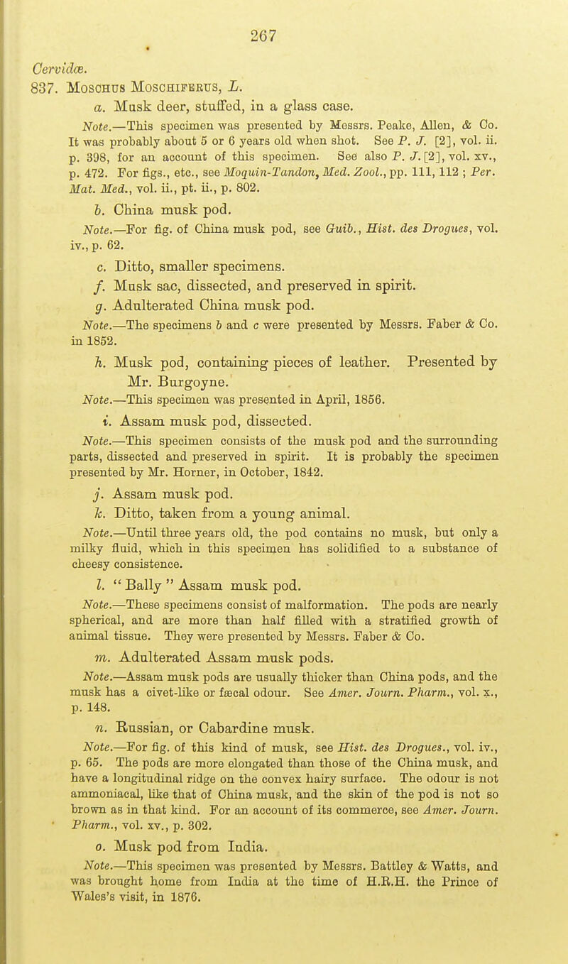 Cervidce. 837. MOSCHDS MOSCHIFERUS, L. a. Musk deer, stuffed, in a glass case. ]<[ote.—This specimen was presented by Messrs. Peake, Allen, & Co. It was probably about 5 or 6 years old when shot. See P. J. [2], vol. ii. p. 398, for an account of this specimen. See also P. J. [2], vol. xv., p. 472. For figs., etc., see Moquin-Tandon, Med. Zool., pp. Ill, 112 ; Per. Mat. Med., vol. ii., pt. ii., p. 802. b. China musk pod. Note.—For fig. of China musk pod, see Guib., Hist, des Drogues, vol. iv., p. 62. c. Ditto, smaller specimens. /. Musk sac, dissected, and preserved in spirit. g. Adulterated China musk pod. Note.—The specimens b and c were presented by Messrs. Faber & Co. in 1852. Ji. Musk pod, containing pieces of leather. Presented by Mr. Burgoyne. Note.—This specimen was presented in April, 1856. t. Assam musk pod, dissected. Note.—This specimen consists of the musk pod and the surrounding parts, dissected and preserved in spirit. It is probably the specimen presented by Mr. Horner, in October, 1842. j. Assam musk pod. k. Ditto, taken from a young animal. Note.—Until three years old, the pod contains no musk, but only a milky fluid, which in this specimen has solidified to a substance of cheesy consistence. I.  Bally  Assam musk pod. Note.—These specimens consist of malformation. The pods are nearly spherical, and are more than half filled with a stratified growth of animal tissue. They were presented by Messrs. Faber & Co. m. Adulterated Assam musk pods. Note.—Assam musk pods are usually thicker than China pods, and the musk has a civet-like or fascal odour. See Amer. Journ. Pharm., vol. x., p. 148. n. Russian, or Cabardine musk. Note.—For fig. of this kind of musk, see Hist, des Drogues., vol. iv., p. 65. The pods are more elongated than those of the China musk, and have a longitudinal ridge on the convex hairy surface. The odour is not ammoniaeal, Uke that of China musk, and the skin of the pod is not so brown as in that kind. For an account of its commerce, see Amer. Journ. Pharm., vol. xv., p. 302. 0. Mask pod from India. Note.—This specimen was presented by Messrs. Battley & Watts, and was brought home from India at the time of H.E.H. the Prince of Wales's visit, in 1876.