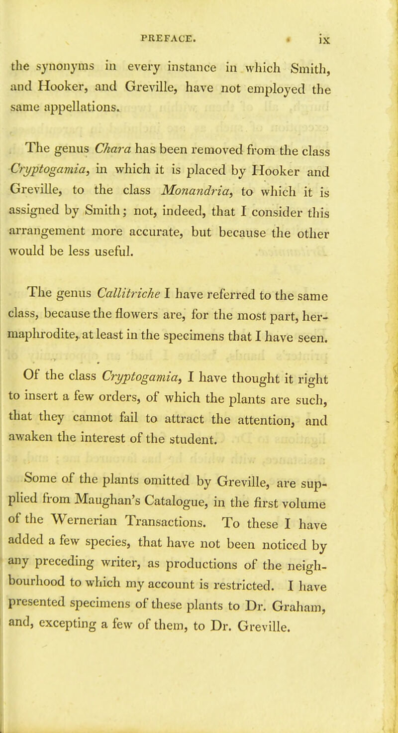 the synonyms in every instance in which Smith, :ind Hooker, and Greville, have not employed the same appellations.. The genus Chara has been removed from the class ■Cryptogamia, in which it is placed by Hooker and Greville, to the class Monandria, to which it is assigned by Smith; not, indeed, that I consider this arrangement more accurate, but because the other would be less useful. The genus Callitriche I have referred to the same class, because the flowers are, for the most part, her- maplirodite,. at least in the specimens that I have seen. Of the class Crt/ptogamia, I have thought it right to insert a few orders, of which the plants are such, that they cannot fail to attract the attention, and awaken the interest of the student. Some of the plants omitted by Greville, are sup- plied from Maughan's Catalogue, in the first volume of the Wernerian Transactions. To these I have added a few species, that have not been noticed by any preceding writer, as productions of the neigh- bourhood to which my account is restricted. I have presented specimens of these plants to Dr. Graham, and, excepting a few of them, to Dr. Greville.