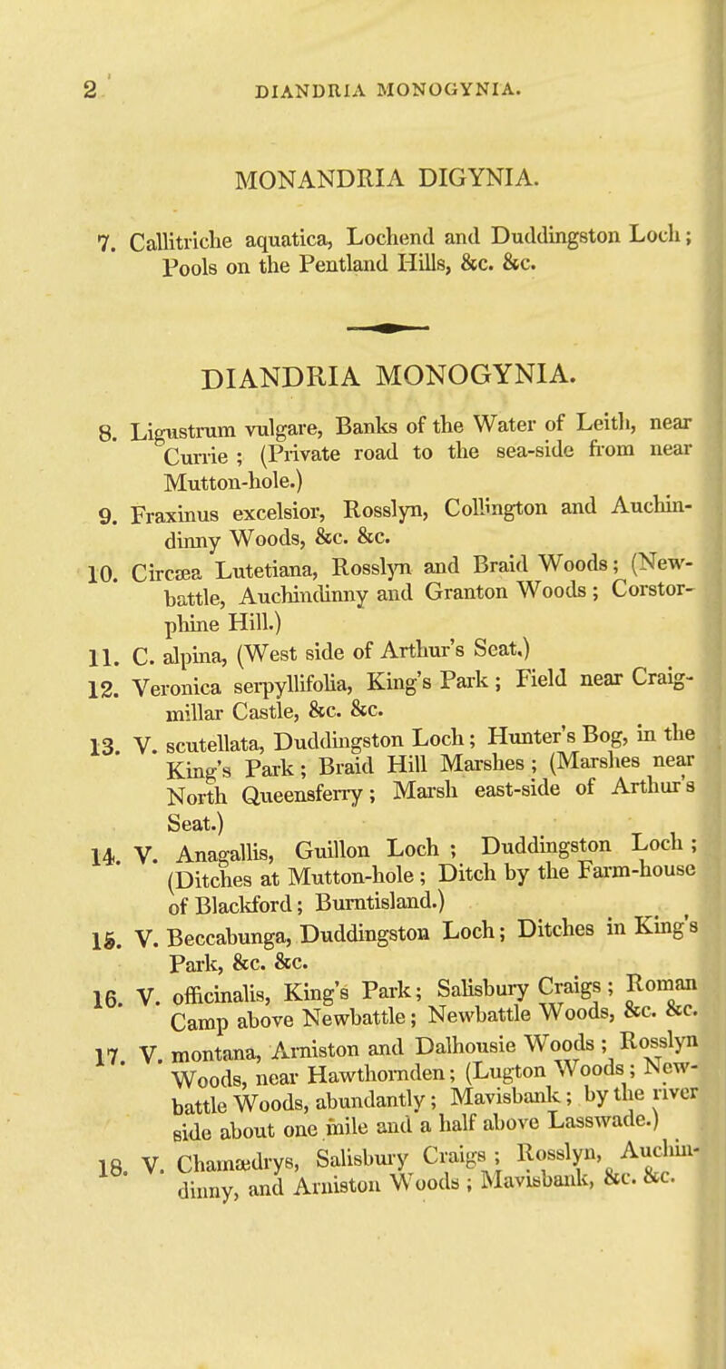 MONANDRIA DIGYNIA. 7. Callitriclie aquatica, Lochend and Duddingston Loch; Pools on the Pentland Hills, &c. &c. DIANDRIA MONOGYNIA. 8. Ligustram vulgare, Banks of the Water of Leith, near Currie ; (Piivate road to the sea-side from near Mutton-hole.) 9. Fraxinus excelsior, Rosslyn, Collmgton and Auchiii- dinny Woods, &c. &c. ^ 10. CircEea Lutetiana, Ross1>ti and Braid Woods; (New- ^ battle, Auchindinny and Granton Woods ; Corstor- phuie Hill.) 11. C. alpina, (West side of Arthur's Seat.) 12. Veronica sei-pyllifolia. King's Park; Field near Craig- millar Castle, &c. &c. 13. V. scutellata, Duddingston Loch; Hunter's Bog, in the King's Park; Braid Hill Mai-shes; (Marshes near North Queensferry; Marsh east-side of Arthurs Seat.) 14 V. Anagallis, Guillon Loch ; Duddingston Loch ; (Ditches at Mutton-hole ; Ditch by the Farm-house of Blackford; Burntisland.) 15. V. Beccabunga, Duddingston Loch; Ditches in King's Park, &c. &c. 16. V. officinalis, King's Park; Salisbury Craigs; Roman Camp above Newbattle; Newbattle Woods, &c. &c. 17 V. montana, Amiston and Dalhousie Woods ; Rosslyn Woods, near Hawthornden; (Lugton Woods; New- battle Woods, abundantly; Mavisbank; by the river side about one mile and a half above Lasswade.) 18. V. Chamaidrys, Sallsbmy Craigs; Rosslyn, Aucbin- dinny, and Aruiston Woods ; Mavisbank, &c. &c.