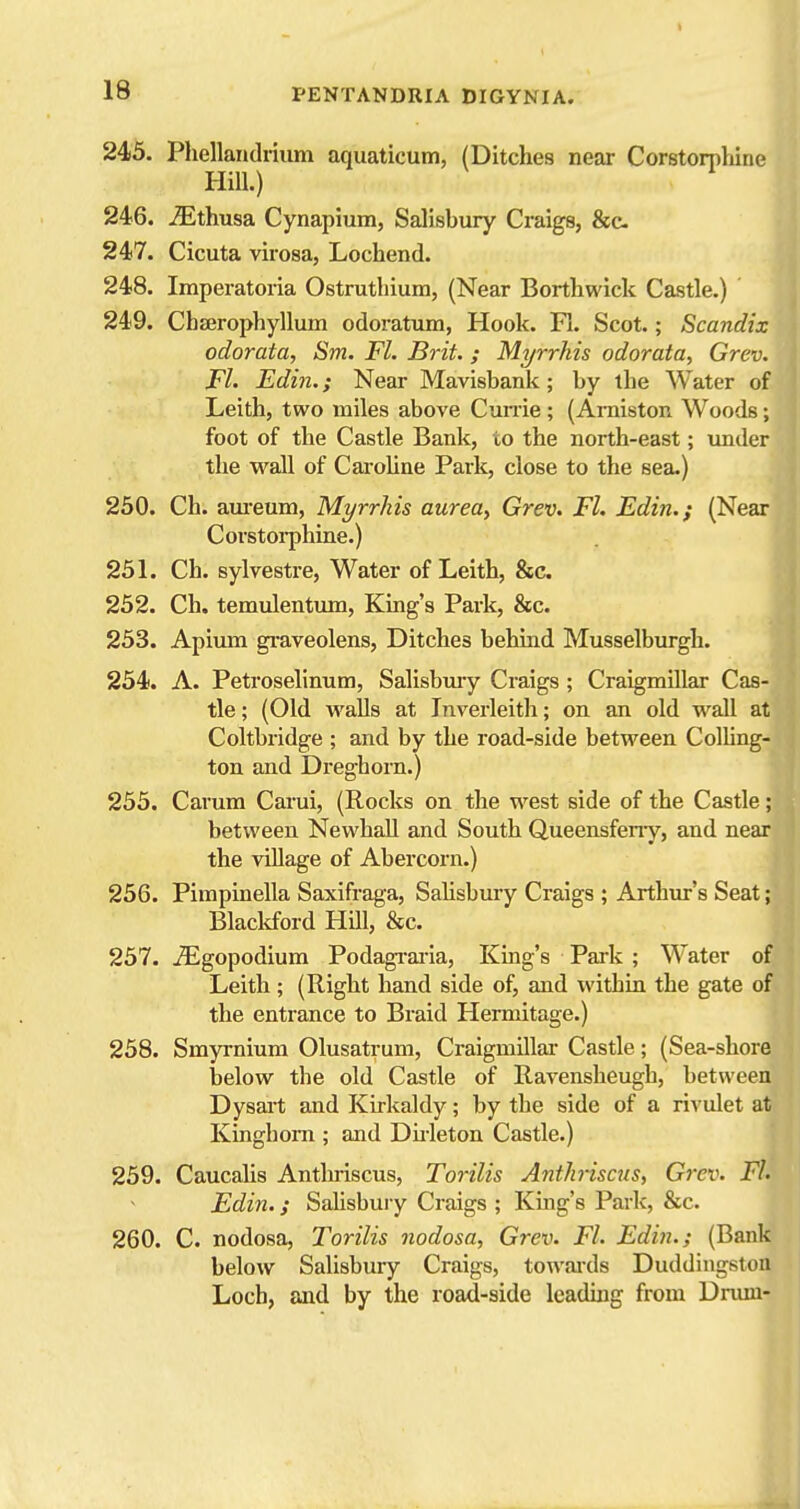 245. Phellaiidi-ium aquaticum, (Ditches near Corstornhine HiU.) 246. iEthusa Cynapium, Salisbury Craigs, &c- 247. Cicuta virosa, Lochend. 248. Imperatoria Ostrathium, (Near Borthwick Castle.) 249. ChEerophyllum odoratum, Hook. Fl. Scot.; Scandix odorata, Sm. FL Brit.; Myrrhis odorata, Grev. Fl' Edin.; Near Mavisbank; by the Water of Leith, two miles above Cunie; (Amiston Woods; foot of the Castle Bank, to the north-east; under the wall of CaroUne Park, close to the sea.) 250. Ch. aui'eum, Myrrhis aurea, Grev. Fl. Edin.; (Near Corstoi-phine.) 251. Ch. sylvestre, Water of Leith, &c. 252. Ch. temulentum. King's Park, &c. 253. Apium gi-aveolens. Ditches behind Musselburgh. 254. A. Petroselinum, Salisbuiy Craigs ; Craigmillar Cas- tle ; (Old walls at Inverleith; on an old wall at Coltbridge ; and by the road-side between ColUng- ton and Dreghorn.) 255. Carum Carui, (Rocks on the west side of the Castle; between Newhall and South Queensfeny, and near the village of Abercorn.) 256. Pimpinella Saxifraga, Salisbury Craigs ; Arthur's Seat; Blaclrford Hill, &c. 257. ^gopodium Podagi-ai-ia, King's Park ; Water of Leith ; (Right hand side of, and within the gate of the entrance to Braid Hermitage.) 258. Smyrnium Olusatrum, Craigmillar Castle; (Sea-shore below the old Castle of Ravensheugh, between Dysaat and Kirkaldy; by the side of a rivulet at Kinghom ; and Duleton Castle.) 259. Caucalis Antlniscus, Torilis Anthriscus, Grer. Fl. Edin.; SaUsbury Ci'aigs ; Kuig's Park, &c. 260. C. nodosa, Torilis nodosa, Grev. Fl. Edin.; (Bank below Salisbury Craigs, towaixls Duddingslon Loch, and by the road-side Icaduig from Drum-