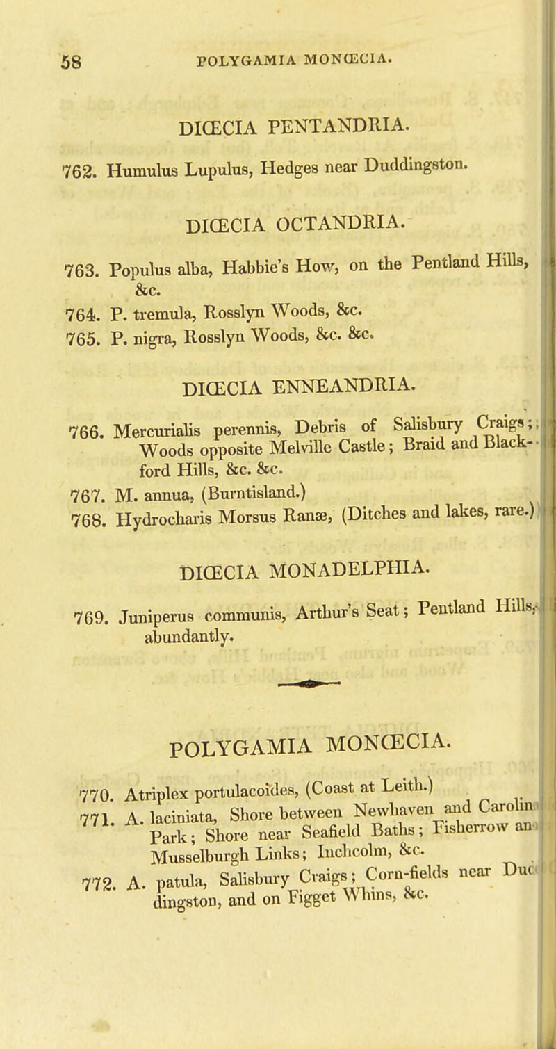 DICECIA PENTANDRIA. 762. Humulus Lupulus, Hedges near Duddingston. DICECIA OCTANDRIA. 763. Populus alba, Habbie's How, on the Pentland Hills, &c. 764. P. tremula, Rosslyn Woods, &c. 765. P. nigi-a, Rosslyn Woods, &c. &c. DICECIA ENNEANDRIA. 766. Mercurialis perennis, Debris of Salisbury Craigs; Woods opposite Melville Castle; Braid and Black- ford Hills, &c. &c. 767. M. annua, (Burntisland.) 768. Hydrocharis Morsus Ranse, (Ditches and lakes, rare.) DICECIA MONADELPHIA. 769. Juniperus communis, Arthur's Seat; Pentland Hills. abundantly. POLYGAMIA MONCECIA. 770. Atriplex portulacoides, (Coast at Leith.) 771. A.lacimata, Shore between Newhaven and Carol.n Park; Shore near Seafield Baths; Fisherrow an Musselburgh Links; Inchcolm, &c. 772. A. patula, Salisbury Craigs ; Corn-fields near Due dingston, and on Figget Wlnns, &c.