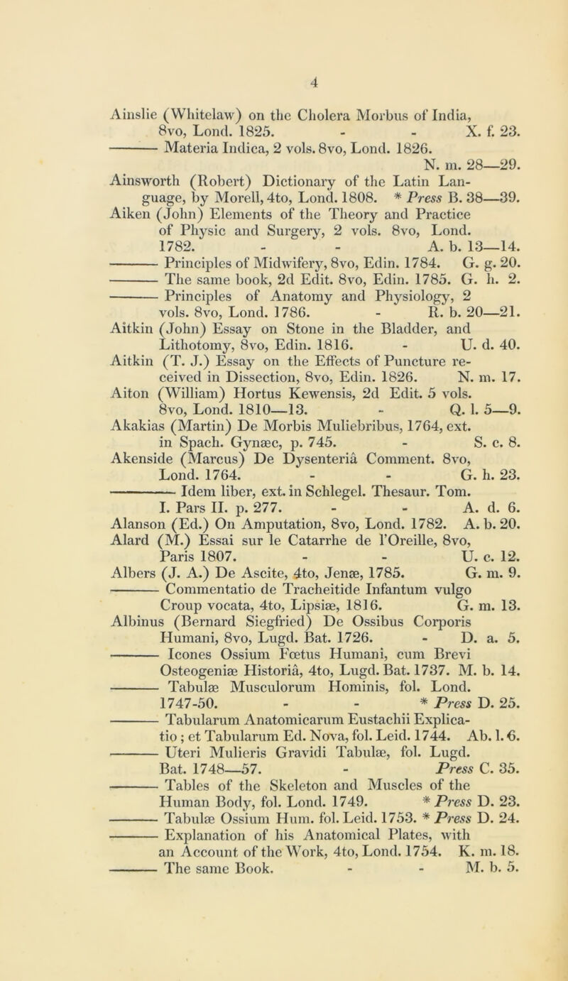 Ainslie (Whitelaw) on the Cholera Morbus of India, 8vo, Lond. 1825. - - X. f. 23. Materia Indica, 2 vols. 8vo, Lond. 1826. N. m. 28—29. Ainsworth (Robert) Dictionary of the Latin Lan- guage, by Morell,4to, Lond. 1808. * Press B. 38—39. Aiken (John) Elements of the Theory and Practice of Physic and Surgery, 2 vols. 8vo, Lond. 1782. - - A. b. 13—14. Principles of Midwifery, 8vo, Edin. 1784. G. g. 20. The same book, 2d Edit. 8vo, Edin. 1785. G. h. 2. Principles of Anatomy and Physiology, 2 vols. 8vo, Lond. 1786. - R. b. 20—21. Aitkin (John) Essay on Stone in the Bladder, and Lithotomy, 8vo, Edin. 1816. - U. d. 40. Aitkin (T. J.) Essay on the Effects of Puncture re- ceived in Dissection, 8vo, Edin. 1826. N. m. 17. Aiton (William) Hortus Kewensis, 2d Edit. 5 vols. 8VO, Lond. 1810—13. - Q. 1. 5—9. Akakias (Martin) De Morbis Muliebribus, 1764, ext. in Spach. Gynaec, p. 745. - S. c. 8. Akenside (Marcus) De Dysenteria Comment. 8vo, Lond. 1764. - - G. h. 23. Idem liber, ext. in Schlegel. Thesaur. Tom. I. Pars II. p. 277. - - A. d. 6. Alanson (Ed.) On Amputation, 8vo, Lond. 1782. A. b. 20. Alard (M.) Essai sur le Catarrhe de I’Oreille, 8vo, Paris 1807. - - U. c. 12. Albers (J. A.) De Ascite, 4to, Jenge, 1785. G. m. 9. Commentatio de Tracheitide Infantum vulgo Croup vocata, 4to, Lipsiae, 1816. G. m. 13. Albinus (Bernard Siegfried) De Ossibus Corporis Humani, 8vo, Lugd. I3at. 1726. - D. a. 5. leones Ossium Foetus Humani, cum Brevi Osteogeniae Historia, 4to, Lugd. IBat. 1737. M. b. 14. Tabulae Musculorum Hominis, fol. Lond. 1747-50. - - * Press D. 25. Tabularum Anatomicarum Eustachii Explica- tio; et Tabularum Ed. Nova, fol. Leid. 1744. Ab. 1.6. Uteri Mulieris Gravidi Tabulae, fol. Lugd. Bat. 1748—57. - Press C. 35. Tables of the Skeleton and Muscles of the Human Body, fol. Lond. 1749. Press D. 23. Tabulae Ossium Hum. fol. Leid. 1753. * Press D. 24. Explanation of his Anatomical Plates, with an Account of the Work, 4to, Lond. 1754. K. m. 18. The same Book. - - M. b. 5.