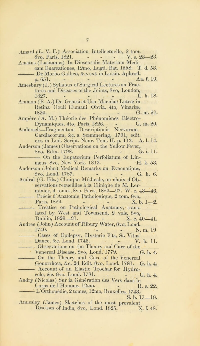 Amard (L. V. F.) Association Intclleetiielle, 2 tom. 8VO, Paris, 1821. - - - V. o. 23—23. Amatus (Lusitanus) In Dioscoridis Materiam Medi- cam Enarrationcs, 12ino, Lugd. Bat. 1558. T. d. 53. De Morbo Gallico, &c. ext. in Luisin. Aphrod. p. 651. - - - Aa. f. 19. Amesbury (J.) Syllabus of Surgical Lectures on Frac- tures and Diseases of the Joints, 8vo, London, 1827. - - - L. h. 18. Ammon (F. A.) De Genesi et Usu Maculae Luteae in Retina Oculi Humani Obvia, 4to, Vinariae, 1830. - - - G. in. 21. Ampere (A. M.) Theorie des Phenomenes Electro- Dynamiques, 4to, Paris, 1826. - G. m. 20. Andersch—Fraginentum Descriptionis Nein'Orum Cardiacorum, &c. a Soemmering, 1791, edit, ext. in Lud. Script. Neur. Tom. II. p. 113. A. 1. 14. Anderson (James) Observations on the Yellow Fever, 8vo, Edin. 1798. - - G. i. 11. On the Eupatorium Perfoliatum of Lin- naeus, 8vo, New York, 1813. - H. k. 53. Anderson (John) Medical Remarks on Evacuations, 8vo, Lond. 1787. - - G. h. 6. Andral (G. Fils.) Clinique Medicale, ou choix d’Ob- servations recueillies a la Clinique de M. Ler- minier, 4 tomes, 8vo, Paris, 1823—27. W. e. 43—46. Precis d’Anatomie Pathologique, 2 tom. 8vo, Paris, 1829. - _ - X. b. 1—2. — A. Treatise on Pathological Anatomy, trans- lated by West and Townsend, 2 vols. 8vo, Dublin, 1829—31. - X. c. 40—41. Andree (John) Account of Tilbury Water, 8vo, Lond. 1740. - - - N. m. 19 Cases of Epilepsy, Hysteric Fits, St. Vitus’ Dance, &c. Lond. 1746. - V. b. 11. Observations on the Theory and Cure of the ■ Venereal Disease, 8vo, Lond. 1779. G. h. 4. On the Theory and Cure of the Venereal Gonorrhoea, &c. 2d Edit. 8vo, Loird. 1781. G. h. 4. Account of an Elastic Trochar for Hydro- cele, &G. 8vo, Lond. 1781. - - G. h. 4. Andry (Nicolas) Sur la Generation des Vers dans le Corps de rHomme, 12mo. - R. c. 22. L’Orthopedie, 2 tomes, 12mo, Bruxelles, 1743. S. b. 17—18. Annesley (James) Sketches of the most jii'evalcnt Diseases of India, 8vo, Lond. 1825. X. f. 48.