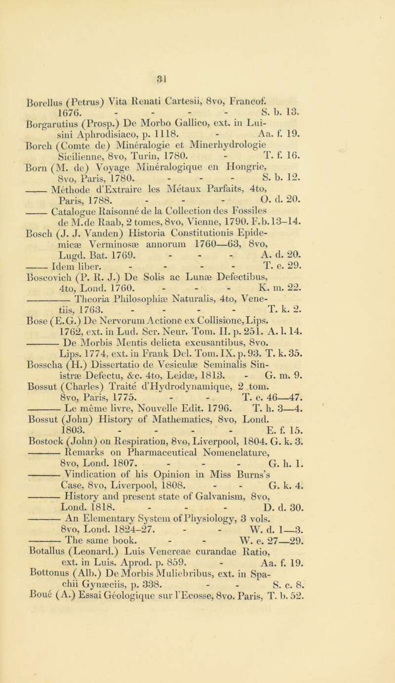 Borellus (Petrus) Vita Henati Cartesii, 8vo, Francof. 1G76. - - - - S. b. 13. Borgarutius (Prosp.) De Morbo Gallico, ext. in Lxii- sini Aphroilisiaco, p. 1118. - Aa. f. 19. Borcli (Comte de) Mineralogie et Minerliydrologie Sicilienne, 8vo, Turin, 1780. - T. 1. 16. Born (M. de) Voyage Mineralogique en Hongrie, ^ 8vo, Pai'is, 1780. . . - S. b. 12. Metliode d’Extraire les Metaux Parfaits, 4to, Paris, 1788. - - - (). d. 20. Catalogue llaisonne de la Collection des Fossiles de M.de llaab, 2 tomes, 8vo, Vienne, 1790. F.b. 13-14. Bosch (J. J. Vanden) Historia Constitutionis Epide- micae Verminosae annorum 1760—63, 8vo, Lugd. Bat. 1769. - - - A. d. 20. Idem liber. - - - - T. e. 29. Boscovich (P. R. J.) De Solis ac Lunse Defectibus, 4to, Loud. 1760. - - - K. m. 22. Theoria Philosophice Naturalis, 4to, Vene- tiis, 1763. - - - - T. k. 2. Bose (E.G.) De Nervorum Actione ex Collisione,Lips. 1762, ext. in Lud. Ser. Neur. Tom. II. p. 231. A. 1.14. De Morbis Mentis delicta excusantibus, 8vo. Lips. 1774, ext. in Frank Del. Tom. IX. p. 93. T. k. 35. Bosscha (H.) Dissertatio de Vesiculae Seminalis Sin- istrae Defectu, &c. 4to, Leidae, 1813. - G. m. 9. Bossut (Charles) Ti-aite d’Hydrodynamique, 2 tom. 8vo, Paris, 1775. - - T. e. 46—47. Le meme livre, Nouvelle Edit. 1796. T. h. 3—4. Bossut (John) History of Mathematics, 8vo, Lond. 1803. - - - - E. f. 15. Bostock (John) on Respiration, 8vo, Liverpool, 1804. G. k. 3. Remarks on Pharmaceutical Nomenclature, 8vo, Lond. 1807. - - - G. h. 1. Vindication of his Opinion in Miss Burns’s Case, 8vo, Liverpool, 1808. - - G. k. 4. History and present state of Galvanism, 8vo, Lond. 1818. - - - D. d. 30. An Elementary System of Physiology, 3 vols. 8vo, Lond. 1824-27. - - W. d. 1—3. The same book. - - W. e. 27—29. Botallus (Leonard.) Luis Venereae curandae Ratio, ext. in Luis. Aprod. p, 859. - Aa. f. 19. Bottonus (Alb.) De Morbis Muliebribus, ext. in Spa- chii Gynacciis, p. 338. - - S. c. 8. Boue (A.) Essai Geologiquc sur I’Ecosse, 8vo. Paris, T. b. 52.