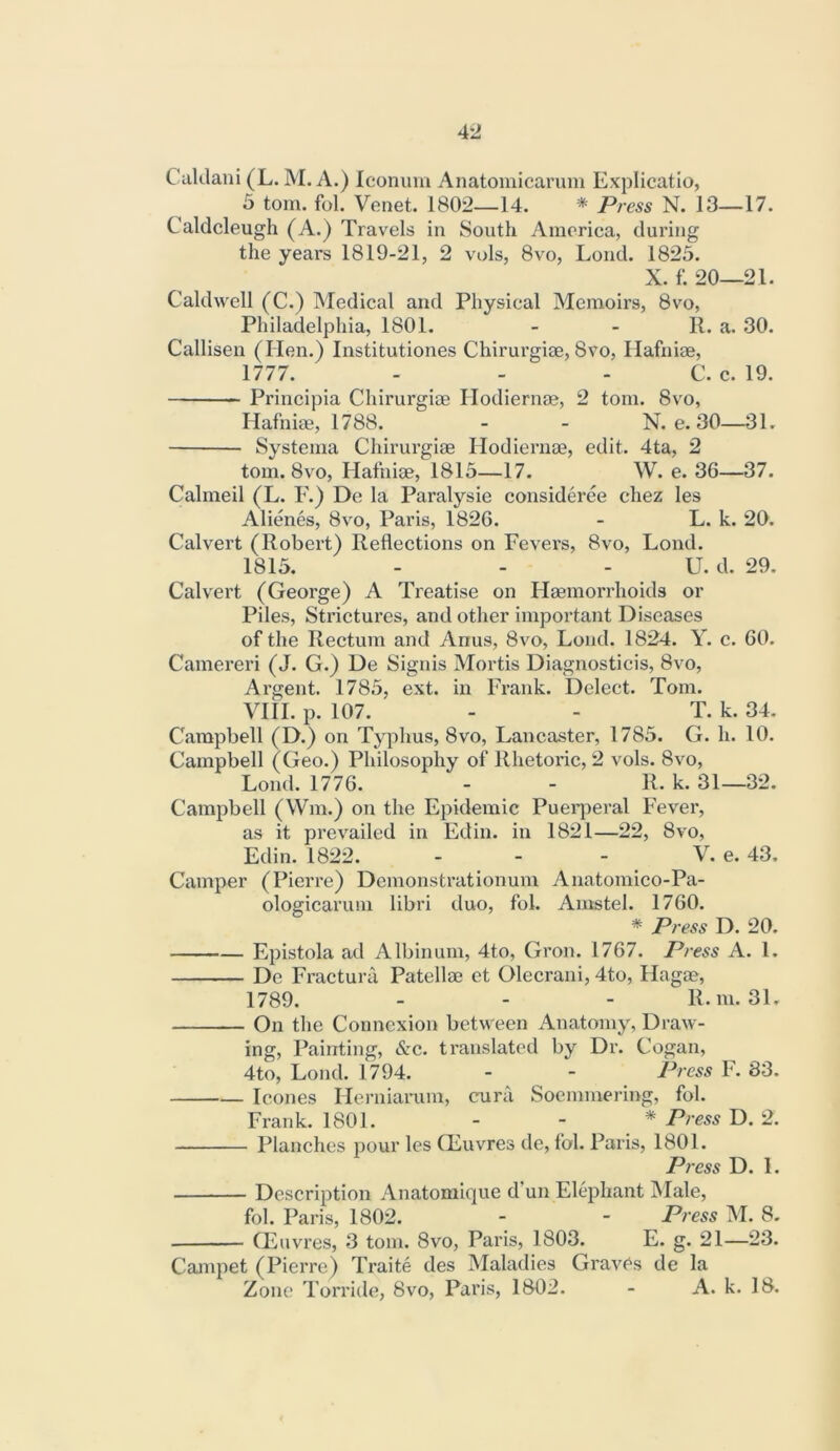 CuUlani (L. M. A.) Iconum Anatomicaruni Explicatio, 3 tom. fol. Venet. 1802—14. * Press N. 13—17. Caldcleugh (A.) Travels in South America, during the years 1819-21, 2 vols, 8vo, Loud. 1823. X. f. 20—21. Caldwell (C.) Medical and Physical Memoirs, 8vo, Philadelphia, 1801. - - R. a. 30. Callisen (Hen.) Institutiones Chirurgiae, 8vo, Ilafniae, 1777. - - - C. c. 19. Principia Chirurgiae Ilodiernm, 2 tom. 8vo, Hafniae, 1788. - - N. e. 30—31. Systema Chirurgiae Hodiernae, edit. 4ta, 2 tom. 8vo, Hafniae, 1813—17. W. e. 36—37. Calmed (L. F.) De la Paralysie consideree chez les Alienes, 8vo, Paris, 1826. - L. k. 20. Calvert (Robert) Reflections on Fevers, 8vo, Lond. 1813. . . . U. d. 29. Calvert (George) A Treatise on Haemorrhoids or Piles, Strictures, and other important Diseases of the Rectum and Anus, 8vo, Lond. 1824. Y. c. 60. Camereri (J. G.) De Signis Mortis Diagnosticis, 8vo, Argent. 1783, ext. in Frank. Delect. Tom. VHI. p. 107. - - T. k. 34. Campbell (D.) on Typhus, 8vo, Lancaster, 1783. G. h. 10. Campbell (Geo.) Philosophy of Rhetoidc, 2 vols. 8vo, Lond. 1776. - - R. k. 31—32. Campbell (Win.) on the Epidemic Puei’j^eral Fever, as it prevailed in Edin. in 1821—22, 8vo, Edin. 1822. - - - V. e. 43, Camper (Pierre) Dcmonstrationum Anatomico-Pa- ologicarum libri duo, fol. Amstel. 1760. * Press D. 20. Epistola ad Albinum, 4to, Gron. 1767. Press A. 1. De Fracturai Patellae et Olecrani, 4to, Hagae, 1789. - - - R.m. 3L On the Connexion between Anatomy, Draw- ing, Painting, &c. translated by Dr. Cogan, 4to, Lond. 1794. - - Press F. 83. leones Hernianim, enra Soemmering, fol. Frank. 1801. - ; * Press D. 2. Planches pour les CEuvres de, fol. Paris, 1801. Press D. 1. Description Anatomique d‘un Elephant IMale, fol. Paris, 1802. - - Press M. 8, CEuvres, 3 tom. 8vo, Paris, 1803. E. g. 21—23. Campet (Pierre) Traite des Maladies Gravf^s de la Zone Torride, 8vo, Paris, 1802. - A. k. 18.