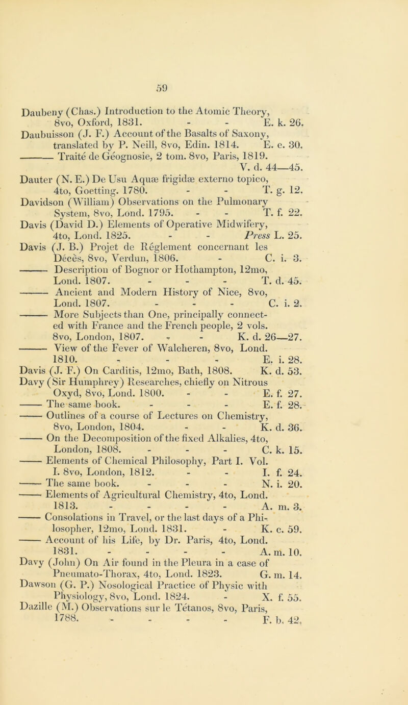 Daubcny (Clias.) Introduction to the Atomic Theory, 8vo, Oxford, 1831. - - E. k. 20. Daubuisson (J. F.) Account of the Basalts of Saxony, translated by P. Neill, 8vo, Edin. 1814. E. e. 30. Traite de Geognosie, 2 tom. 8vo, Paris, 1819. V. d. 44—45. Dauter (N. E.) De Usu Aquae frigidae externo topico, 4to, G Getting. 1780. - - T. g. 12. Davidson (William) Observations on the Pulmonary System, 8vo, Lond. 1795. - - T. f. 22. Davis (David D.) Elements of Operative Midwifery, 4to, Lond. 1825. - - Press L. 25. Davis (J. B.) Prqjet de Reglement concernant les Deces, 8vo, Verdun, 1806. - C. i. 3. Description of Bognor or Ilothampton, 12mo, Lond. 1807. - - - T. d. 45. Ancient and Modern History of Nice, 8vo, Lond. 1807. - - - C. i. 2. More Subjects than One, princq3ally connect- ed with France and the French people, 2 vols. 8vo, London, 1807. - - K. d. 26—27. View of the Fever of Walchercn, 8vo, Lond. 1810. - - - E. i. 28. Davis (J. F.) On Carditis, 12mo, Bath, 1808. K. d. 53. Davy (Sir Humphrey) Researches, chiefly on Nitrous Oxyd, 8vo, Lond. 1800. - - E. f. 27. The same book. - - - E. f. 28.- Outlines of a course of Lectures on Chemisti’y, 8vo, London, 1804. - - K. d. 36. On the Decomposition of the fixed Alkalies, 4to, London, 1808. - - - C. k. 15. Elements of Chemical Philosophy, Part I. Vol. I. 8VO, London, 1812. - - I. f. 24. — The same book. - - - N. i. 20. Elements of Agricultural Chemistry, 4to, Lond. 1813. - - - - A. m. 3. Consolations in Travel, or the last days of a PhL losopher, 12mo, Lond. 1831. - K. c. 59. Account of his Life, by Dr. Paris, 4to, Lond. 1831. - A. m. 10. Davy (John) On Air found in the Pleura in a case of Pneumato-Thorax, 4to, Lond. 1823. G. m. 14. Dawson (G. P.) Nosological Practice of Physic with Physiologj^, 8vo, Lond. 1824. - X. f 55. Dazille (M.) Observations sur le Tetanos, 8vo, Paris, 1788. - . - . F. b, 42.