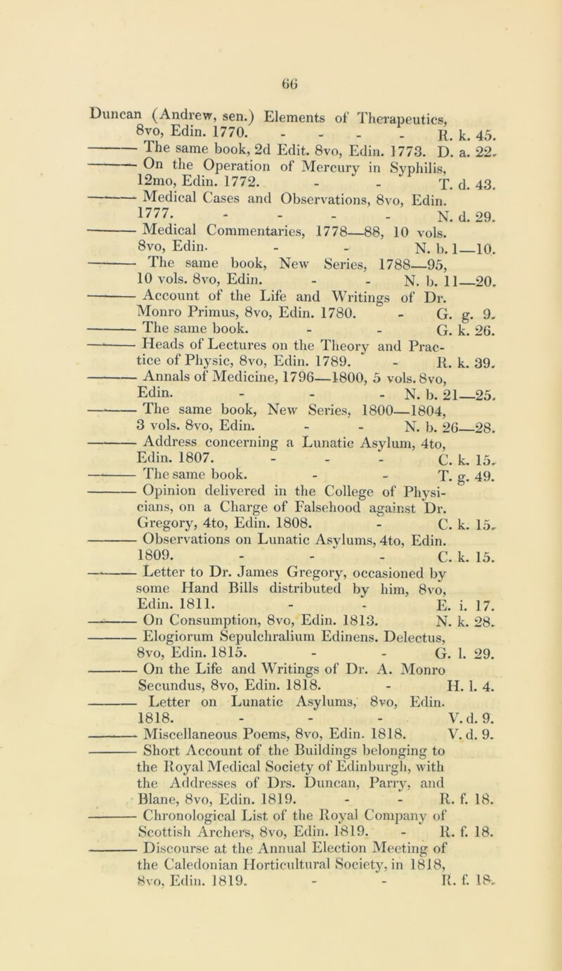 Duncan (Andrew, sen.) Elements of Thei-apeutics, 8vo, Edin. 1770 r. k. 45. The same book, 2d Edit. 8vo, Edin. 1773. D. a. 22, On the Operation of Mercury in Syphilis, 12mo, Edin. 1772. - - T. d. 43. Medical Cases and Observations, 8vo, Edin. ■ Medical Commentaries, 1778—88, 10 vols. 8vo, Edin. - - N. b. 1—10. ■ The same book. New Series, 1788—95, 10 vols. 8VO, Edin. - . N. b. 11—20. Account of the Life and Writings of Dr. Monro Primus, 8vo, Edin. 1780. - G. g. 9, ■ The same book. - - G. k. 26. Heads of Lectures on the Theory and Prac- tice of Physic, 8vo, Edin. 1789. - R. k. 39. • Annals of Medicine, 1796—1800, 5 vols.8vo, Edin. - - . N. b. 21—25. • The same book. New Series, 1800—1804, 3 vols. 8vo, Edin. - - N. b. 26 28. . Address concerning a Lunatic Asylum, 4to, Edin. 1807. - - - C. k. 15. The same book. - - T. g. 49. ■ Opinion delivered in the College of Physi- cians, on a Charge of Falsehood against Dr. Gregory, 4to, Edin. 1808. - C. k. 15. • Observations on Lunatic Asylums, 4to, Edin. 1809. - - . C. k. 15. - Letter to Dr. James Gregory, occasioned by some Hand Bills distributed by him, 8vo, Edin. 1811. - . E. i. 17. - On Consumption, 8vo, Edin. 1813. N. k. 28. ■ Elogiorum Sepulchralium Edinens. Delectus, 8vo, Edin. 1815. - - G. 1. 29. - On the Life and Writings of Dr. A. Monro Secundus, 8vo, Edin. 1818. - H. 1. 4. - Letter on Lunatic Asylums, 8vo, Edin. 1818. - - - V.d. 9. - Miscellaneous Poems, 8vo, Edin. 1818. V.d. 9. - Short Account of the Buildings belonging to the Royal Medical Society of Edinburgh, with the Addresses of Drs. Duncan, Parry, and Blane, 8vo, Edin. 1819. - - R. f. 18. - Chronological List of the Royal Company of Scottish Archers, 8vo, Edin. 1819. - R. f. 18. - Discourse at the Annual Election Meeting of the Caledonian Horticultural Society, in 1818, 8vo, lulin. 1819. - - It. f. 18,