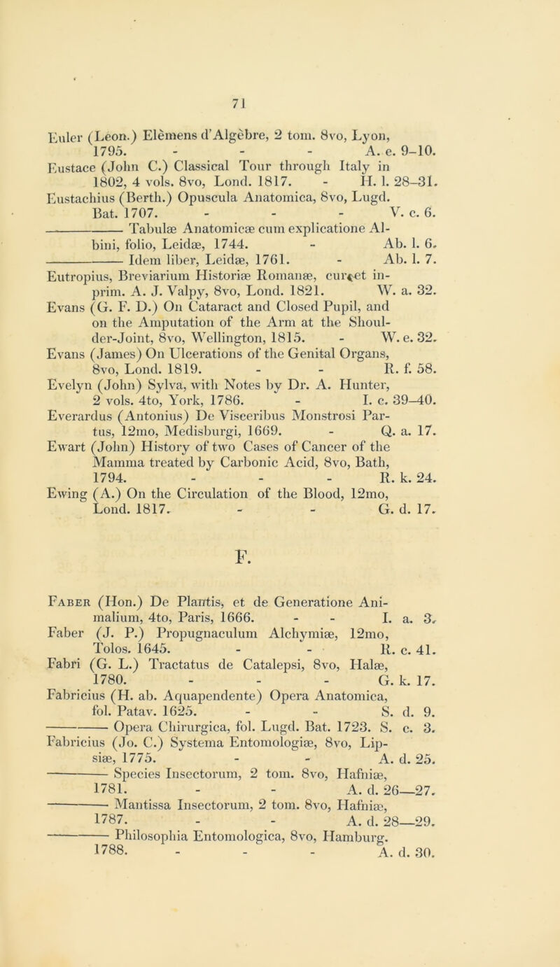 Euler (Leon.) Elemens d’Algebre, 2 tom. 8vo, Lyon, 1795. - - - A. e. 9-10. Eustace (John C.) Classical Tour through Italy in 1802, 4 vols. 8vo, Lond. 1817. - H. 1. 28-31. Eustachius (Berth.) Opuscula Anatomica, 8vo, Lugd. Bat. 1707. - - - V. c. 6. Tabulae Anatomicae cum explicatione Al- bini, folio, Leidae, 1744. - Ab. 1. G. Idem liber, Leidae, 1761. - Ab. 1. 7. Eutropius, Breviarium Historiae Romanae, cui’c<jt in- prim. A. J. Valpy, 8vo, Lond. 1821. W. a. 32. Evans (G. F. D.) On Cataract and Closed Pupil, and on the Amputation of the Arm at the Shoul- der-Joint, 8vo, Wellington, 1815. - W. e. 32, Evans (James) On Ulcerations of the Genital Organs, 8vo, Lond. 1819. - - R. f. 58. Evelyn (John) Sylva, with Notes by Dr. A. Hunter, 2 vols. 4to, York, 1786. - I. c. 39-40. Everardus (Antonius) De Visceribus Monstrosi Par- tus, 12mo, Medisburgi, 1669. - Q. a. 17. Ewart (John) History of two Cases of Cancer of the Mamma treated by Carbonic Acid, 8vo, Bath, 1794. - - - R. k. 24. Ewing (A.) On the Circulation of the Blood, 12mo, Lond. 1817. - - G. d. 17. F Faber (Hon.) De Plantis, et de Generatione Ani- malium, 4to, Paris, 1666. - - La. 3. Faber (J. P.) Propugnaculum Alchymiae, 12mo, Tolos. 1645. - - R. c. 41. Fabri (G. L.) Tractatus de Catalepsi, 8vo, Halae, 1780. - - - G. k. 17. Fabricius (H. ab. Aquapendente) Opera Anatomica, fol. Patav. 1625. - - S. d. 9. Opera Chirurgica, fol. Lugd. Bat. 1723. S. c. 3. Fabricius (Jo. C.) Svstema Entomologiae, 8vo, Lip- siae, 1775. - - A. d. 25. Species Insectorum, 2 tom. 8vo, Hafniae, 1781. - - A. d. 26—27. Mantissa Insectorum, 2 tom. 8vo, Hafhia;, 1787. - - A. d. 28—29. Philosophia Entomologica, 8vo, Hamburir. 1788. - - . Id. 30.