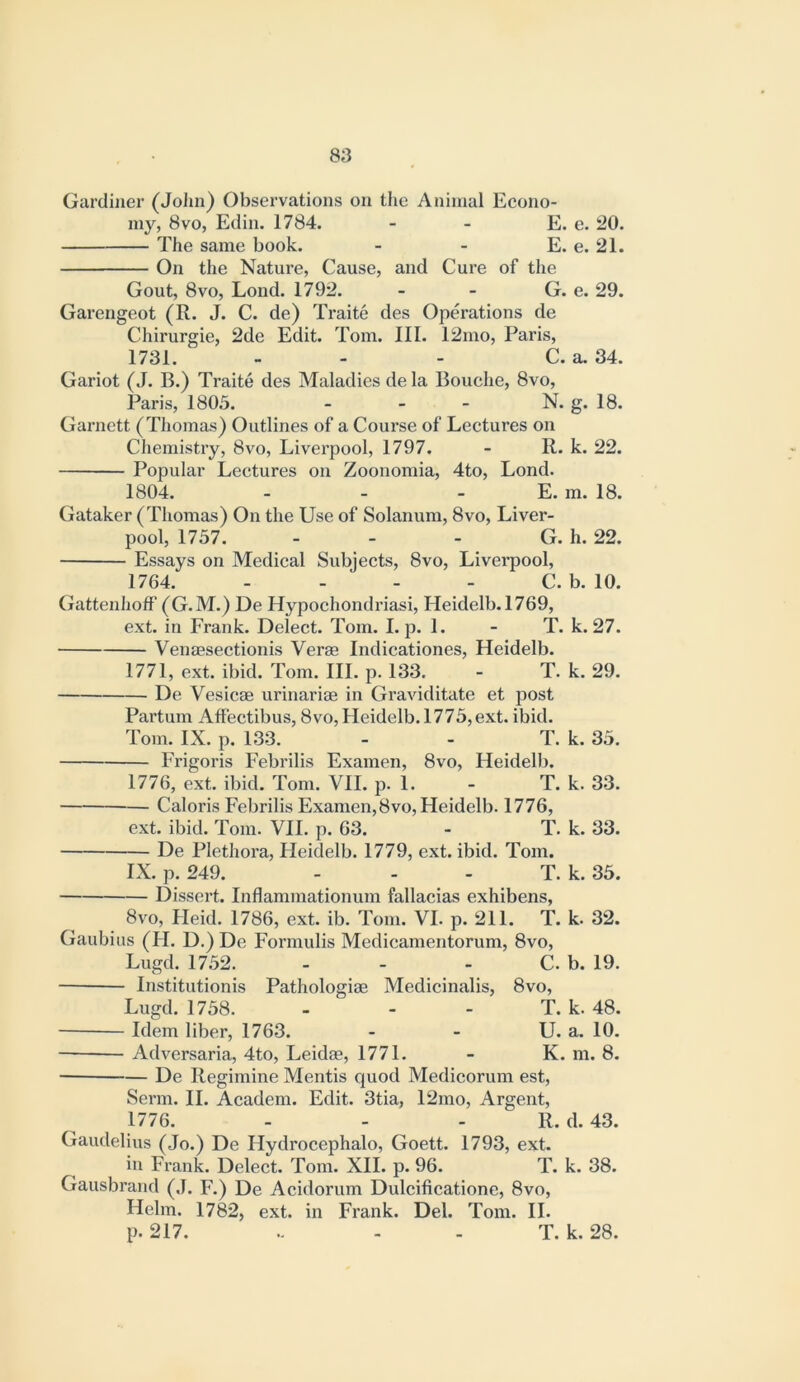Gardiner (JoJm) Observations on the Animal Econo- my, 8vo, Edin. 1784. - - E. e. 20. The same book. - - E. e. 21. On the Nature, Cause, and Cure of the Gout, 8vo, Lond. 1792. - - G. e. 29. Garengeot (R. J. C. de) Traite des Operations de Chirurgie, 2de Edit. Tom. III. 12mo, Paris, 1731. - - - C. a. 34. Gariot (J. B.) Traite des Maladies dela Bouche, 8vo, Paris, 1805. - - - N. g. 18. Garnett (Thomas) Outlines of a Course of Lectures on Chemistry, 8vo, Liverpool, 1797. - R. k. 22. Popular Lectures on Zoonomia, 4to, Lond. 1804. - - - E. m. 18. Gataker (Thomas) On the Use of Solanum, 8vo, Liver- pool, 1757. - - - G. h. 22. Essays on Medical Subjects, 8vo, Liverpool, 1764. - - - - C. b. 10. Gattenlioff (G.M.) Ue Hypochondriasi, Heidelb.1769, ext. in Frank. Delect. Tom. I. p. 1. - T. k. 27. Venaesectionis Verse Indicationes, Heidelb. 1771, ext. ibid. Tom. III. p. 133. - T. k. 29. De Vesicse urinarise in Graviditate et post Partum Affectibus, 8vo, Heidelb. 1775, ext. ibid. Tom. IX. p. 133. - - T. k. 35. Frigoris Febrilis Examen, 8vo, Heidell). 1776, ext. ibid. Tom. VII. p. 1. - T. k. 33. Caloris Febrilis Examen,8vo, Heidelb. 1776, ext. ibid. Tom. VII. p. 63. - T. k. 33. De Plethora, Heidelb. 1779, ext. ibid. Tom. IX. p. 249. . . - T. k. 35. Dissert. Inflanimationum fallacias exhibens, 8vo, Heid. 1786, ext. ib. Tom. VI. p. 211. T. k. 32. Gaubius (FI. D.) De Formulis Medicamentorum, 8vo, Lugd. 1752. - - - C. b. 19. Institutionis Pathologise Medicinalis, 8vo, Lugd. 1758. - - - T. k. 48. Idem liber, 1763. - - U. a. 10. Adversaria, 4to, Leidae, 1771. - K. m. 8. De Regimine Mentis quod Medicorum est, Serm. II. Academ. Edit. 3tia, 12mo, Argent, 1776. - - - R. d. 43. Gaudelius (Jo.) De Hydrocephalo, Goett. 1793, ext. in Fi’ank. Delect. Tom. XII. p. 96. T. k. 38. Gausbrand (J. F.) De Acidorum Dulcificatione, 8vo, Helm. 1782, ext. in Frank. Del. Tom. II. p. 217. - - T. k. 28.