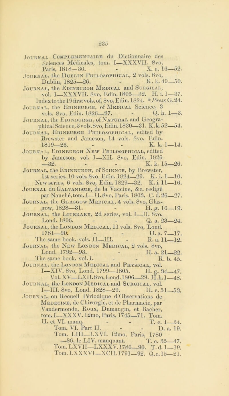 Journal Complementaire du Dictionnaire dcs Sciences Medicalcs, tom. I—XXXVII. 8vo, Paris, 1818—30. - X. c. 16—52. Journal, the Dublin Philosophical, 2 vols. 8vo, Dublin, 1825—26. - K. k. 49—50. Journal, the Edinburgh Medical and Surgical, vol. I—XXXVII. 8vo, Edin. 1805—32. II. i. 1—37. Index to the 19 first vols. of, 8vo, Edin. 1824. Press G.24. Journal, the Edinburgh, of JMedical Science, 3 vols. 8vo, Edin. 1826—27. - Q. h. 1—3. Journal, the Edinburgh, of Natural and Geogra- phical Science, 3 v'ols. 8 vo, Edin. 1830—31. K.k.52—54. Journal, Edinburgh Philosophical, edited by Brewster and Jameson, 14 vols, 8vo, Edin. 1819—26. - - K. k. 1—14. Journal, Edinburgh New Philosophical, edited by Jameson, vol. I—XII. 8vo, Edin. 1826 —32. - - K. k. 15—26. Journal, the Edinburgh, of Science, by Brewster, 1st series, 10 vols, 8vo, Edin. 1824—29. K. i. 1—10. New series, 6 vols. 8vo, Edin. 1829—32. K. i. 11—16. Journal du Galvanisms, de la Vaccine, &c. redige par Nauche,tom. I—II. 8vo, Paris, 1803. C. d.26—27. Journal, the Glasgow Medical, 4 vols. 8vo, Glas- gow, 1828—31. - H. g. 16—19. Journal, the Literary, 2d series, vol. I—II. 8vo, Lond. 1806. - - Q. a. 23—24. Journal, the London Medical, 11 vols. 8vo, Lond. 1781—90. - - H.a. 7—17. The same book, vols. II—III. - II. a. 11—12. Journal, the New London Medical, 2 vols. 8vo, Lond. 1792—93. - H.a. 21—22. The same book, vol. I. - - 11. b. 45. Journal, the London Medical and Physical, vol. I—XIV. 8vo, Lond. 1799—1805. H. g. 34—47. Vol. XV—LXIl.8VO, Lond. 1806—29. H.h. 1—48. Journal, the London Medical and Surgical, vol. I—III. 8vo, Lond, 1828—29. H. e. 51—53. Journal, ou Recueil Periodique d’Observations de Medecine, de Chirurgie, et de Pharmacie, par Vandermonde, lioux, Dumangin, et Bacher, tom. I—XXXV. 12mo, Paris, 1745—71. Tom. II. et VI. raanq. - - T. c. 1—34. Tom. VI. Part II. - - D. a. 19. Tom. LIII—LXVI. 12mo, Paris, 1780 —86, le LIV. manquant. T. c. 35—47. Tom.LXVII—LXXXV. 1786—90. T.d. 1—19. Tom. LXXXVI—XCIl. 1791—92. Q.c. 15—21.