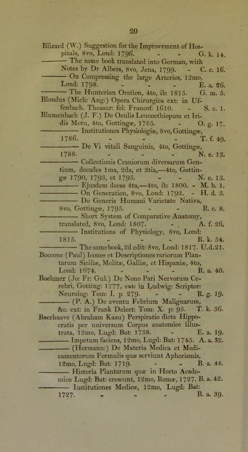 Blizard (W.) Suggestion for the Improvement of Hos- pitals, Svo, Lond: 1796. - - G. k. 14. The same book translated into German, with Notes by Dr Albers, 8vo, Jena, 1799- - C. c. 16. On Compressing the large Arteries, 12mo, Lond: 1798. - - - E. a. 26. The Hunterian Oration, 4to, ib: 1815. G. m. 5. Blondus (Mich: Ang:) Opera Chirurgica ext: in Uf- fenbach. Thesaur: fol: Francof: 1610. - S. c. 1. Blumenbacli (J. F.) De Oculis Leucoethiopum et Iri- dis Motu, 4to, Gottingae, 1785. - O. g. 17. Institutiones Physiologise, Svo, Gottingae, 1786. - - T. f. 49. De Vi vitali Sanguinis, 4to, Gottingae, 1788. - N. c. 13. Collectionis Craniorum diversarum Gen- tium, decades lma, 2da, et 3tia,—4to, Gottin- ga? 1790, 1793, et 1795. - - N. e. 13. Ejusdem decas 4ta,—4to, ib: 1800. - M. b. 1. On Generation, 8vo, Lond: 1792. - H. d. 3. De Generis Humani Varietate Nativa, 8vo, Gottingae, 1793. - - R. c. 8. • Short System of Comparative Anatomy, translated, 8vo, Lond: 1807- - . A. f. 26. Institutions of Physiology, Svo, Lond: 1815. - - - R. k. 54. Thesamebook,2d edit: Svo, Lond: 1817* U.d.21. Boccone (Paul) leones et Descriptionesrariorum Plan- tarura Sicilia?, Melitse, Gallia;, et Hispaniae, 4to, Lond: 1674. - - - R. a. 40. Boehmer (Jo: Fr: Gul:) De Nono Pari Nervorum Ce- rebri, Gotting: 1777, ext: in Ludwig: Scriptor: Neurolog: Tom: I. p 279- - - R. g. 19- (P. A.) De eventu Febrium Malignarum, &c. ext: in Frank Delect: Tom: X. p: 93- T- k. 36. Boerhaave (Abraham Kaau) Perspiratio dicta Hippo- cratis per universum Corpus anatomice illus- trata, 12mo, Lugd: Bat: 1738. - E. a. 19. Impetum faciens, 12mo, Lugd: Bat: 1745. A. a. 32. (Hermann:) De Materia Medica et Medi- camentorum Formulis quae serviunt Aphorismis, 12mo, Lugd: Bat: 1719- - - B. a. 44. Historia Plantarum quae in Horto Acade- mico Lugd: Bat: crescunt, 12mo, Romae, 1727- B. a. 42. Institutiones Medicae, 12mo, Lugd: Bat: 1727. *• - - B. a. 39.