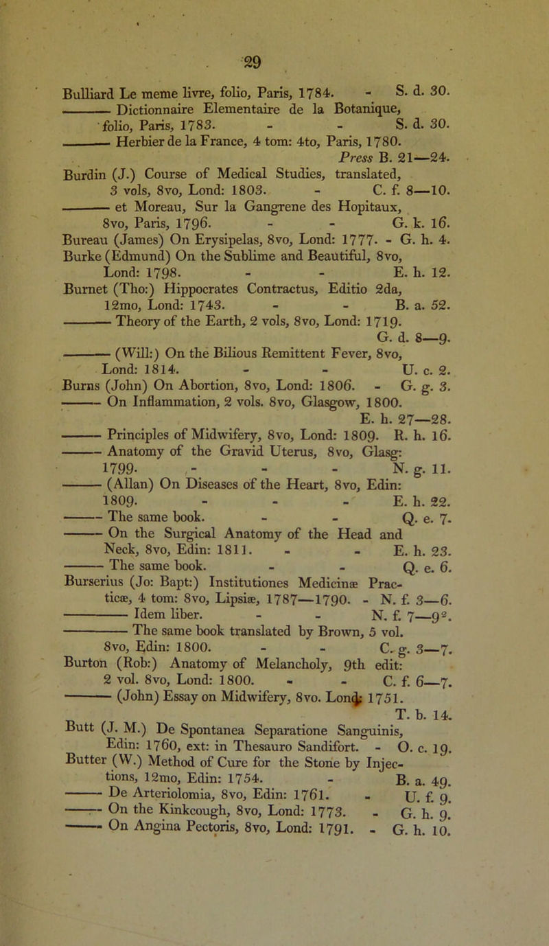 Bulliard Le meme livre, folio, Paris, 1784. - S. d. 30. Dictionnaire Elementaire de la Botanique, folio, Paris, 1783. - - S. d. 30. — Herbierde la France, 4 tom: 4to, Paris, 1780. Press B. 21—24. Burdin (J.) Course of Medical Studies, translated, 3 vols, 8vo, Lond: 1803. - C. f. 8—10. et Moreau, Sur la Gangrene des Hopitaux, 8vo, Paris, 1796- - - G. k. 16. Bureau (James) On Erysipelas, 8vo, Lond: 1777- - G. h. 4. Burke (Edmund) On the Sublime and Beautiful, 8vo, Lond: 1798- - - E. h. 12. Burnet (Tko:) Hippocrates Contractus, Editio 2da, 12mo, Lond: 1743. - - B. a. 52. — Theory of the Earth, 2 vols, 8vo, Lond: 1719- G. d. 8—9. — (Will:) On the Bilious Remittent Fever, 8vo, Lond: 1814. - - U. c. 2. Burns (John) On Abortion, 8vo, Lond: 1806. - G. g. 3. On Inflammation, 2 vols. 8vo, Glasgow, 1800. E. h. 27—28. Principles of Midwifery, 8vo, Lond: I8O9. R. h. 16. Anatomy of the Gravid Uterus, 8vo, Glasg: 1799- ' - - N. g. 11. (Allan) On Diseases of the Heart, 8vo, Edin: 1809- - - E. h. 22. The same book. - - Q. e. 7. On the Surgical Anatomy of the Head and Neck, 8vo, Edin: 181]. - - E. h. 23. The same book. - _ Q. e. 6. Burserius (Jo: Bapt:) Institutiones Medicine Prac- tice, 4 tom: 8vo, Lipsie, 1787—1790. - N. f. 3—6. Idem liber. - - N. f. 7 Q2. The same book translated by Brown, 5 vol. 8vo, Edin: 1800. - - C. g. 3—7. Burton (Rob:) Anatomy of Melancholy, 9th edit: 2 vol. 8vo, Lond: 1800. - - C. f. 6—7. (John) Essay on Midwifery, 8vo. Lon<^ 1751. T. b. 14. Butt (J. M.) De Spontanea Separatione Sanguinis, Edin: 1760, ext: in Thesauro Sandifort. - O. c. 19. Butter (W.) Method of Cure for the Stone by Injec- tions, 12mo, Edin: 1754. - B. a. 49. De Arteriolomia, 8vo, Edin: 1761. - U. f. 9. On the Kinkcough, Svo, Lond: 1773. - G. h. 9. On Angina Pectoris, 8vo, Lond: 1791. - G. h. 10.