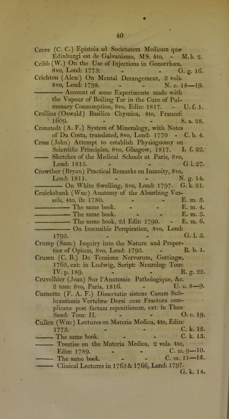 Creve (C. C.) Epistola ail Societatem Medieara quse Edinburgh est de Galvanismo, MS. 4to, - M.b. 2. Cribb (W.) On the Use of Injections in Gonorrhoea, 8vo, Lond: 1773: - G. g. 16. Crichton (Alex:) On Mental Derangement, 2 vols. 8vo, Lond: 1798. - - N. e. 18—19- Account of some Experiments made with the Vapour of Boiling Tar in the Cure of Pul- monary Consumption, Svo, Edin: 1817. - U. f. 1. Crollius (Oswald) Basilica Cliymica, 4to, Francof: ' 1609. - - S. a. 28. Cronstedt (A. F.) System of Mineralogy, with Notes of Da Costa, translated, 8vo, Lond: 1770 - C. b. 4. Cross (John) Attempt to establish Physiognomy on Scientific Principles, 8vo, Glasgow, 1817- I. f. 22. • Sketches of the Medical Schools at Paris, Svo, Lond: 1815. - - G 1.27* Crowther (Bryan) Practical Remarks on Insanity, Svo, Lond: 1811. - - N. g. 14. On White Swelling, Svo, Lond: 1797- G. k. 21. Cruickshank (Wm:) Anatomy of the Absorbing Ves- sels, 4to, ib: 1780. - - E. m. 3. The same book. - - E. m. 4. — The same book. - - E. m. 5. The same book, 2d Edit: 1790. - E. m. 6. On Insensible Perspiration, 8vo, Lond: 1795. - - G. 1. 5. Crump (Sam:) Inquiry into the Nature and Proper- ties of Opium, 8 vo, Lond: 1793. - R. b. 1. Crusen (C. B.) De Tensione Nervorum, Gottingse, 1765, ext: in Ludwig, Script: Neurolog: Tom: IV. p. 189. - - R. g. 22. Cruvelhier (Jean) Sur l’Anatomie Pathologique, &c. 2 tom: 8vo, Paris, 1816. - U. c. 8—9- Cuenotte (F. A. F.) Dissertatio sistens Casum Sub- luxationis Vertebra Dorsi cum Fractura com- plicate post factam repositionem, ext: in Thes: Sand: Tom: II. - - O. c. 19- Cullen (Wm:) Lectures on Materia Medica, 4to, Edin: 1773. C. k. 12. The same book. - - C. k. 13. Treatise on the Materia Medica, 2 vols. 4to, Edin: 1789. - - C. m. 9—J0- The same book. - - C. m. 11—12. Clinical Lectures in 1765& 1766, Lond: 1797- G. k. 14.