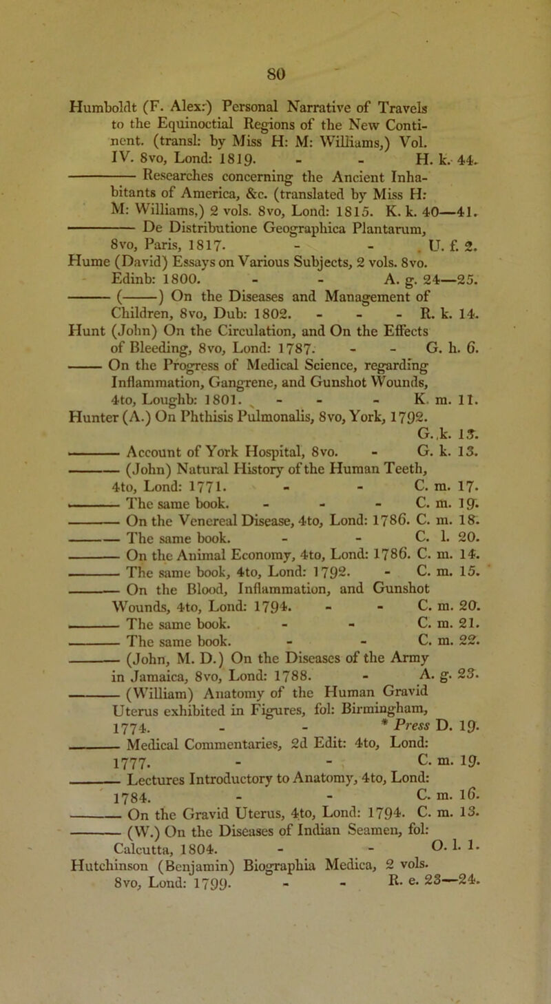 Humboldt (F. Alex:) Personal Narrative of Travels to the Equinoctial Regions of the New Conti- nent. (transl: by Miss H: M: Williams,) Vol. IV. 8vo, Lond: 1819. - - H. k. 44. Researches concerning the Ancient Inha- bitants of America, &c. (translated by Miss H: M: Williams,) 2 vols. Svo, Lond: 1815. K. k. 40—41. De Distribution Geographica Plantarum, 8vo, Paris, 1817- - - . U. f. 2. Hume (David) Essays on Various Subjects, 2 vols. Svo. Edinb: 1800. - - A. g. 24—25. ( ) On the Diseases and Management of Children, 8vo, Dub: 1802. - - - R. k. 14. Hunt (John) On the Circulation, and On the Effects of Bleeding, 8vo, Lond: 1787- G. h. 6. On the Progress of Medical Science, regarding Inflammation, Gangrene, and Gunshot Wounds, 4to, Loughb: 1801. - - - K. m. 11. Hunter (A.) On Phthisis Pulmonalis, 8vo, York, 1792. G.,k. IS. Account of York Hospital, 8vo. - G. k. 13. (John) Natural History of the Human Teeth, 4to, Lond: 177L - - C. m. 17> The same book. - - - C. m. 1 ff. On the Venereal Disease, 4to, Lond: 178G. C. m. 18. The same book. - - C. 1. 20. On the Animal Economy, 4to, Lond: 1786. C. m. 14. The same book, 4to, Lond: 1792. - C. m. 15. On the Blood, Inflammation, and Gunshot Wounds, 4to, Lond: 1794. - - C. m. 20. — The same book. - - C. m. 21. The same book. - - C. m. 22. (John, M. D.) On the Diseases of the Army in Jamaica, 8vo, Lond: 1788. - A. g. 23. (William) Anatomy of the Human Gravid Uterus exhibited in Figures, fob Birmingham, 1774. - - * Press D. 19- Medical Commentaries, 2d Edit: 4to, Lond: 1777. - - C. m. 19. Lectures Introductory to Anatomy, 4to, Lond: 1784. - - C. m. l6. On the Gravid Uterus, 4to, Lond: 1794. C. m. 13. (W.) On the Diseases of Indian Seamen, fol: Calcutta, 1804. - - O. 1. 1. Hutchinson (Benjamin) Biographia Medica, 2 vols. Svo, Lond: 1799- - - R. e. 23—24.