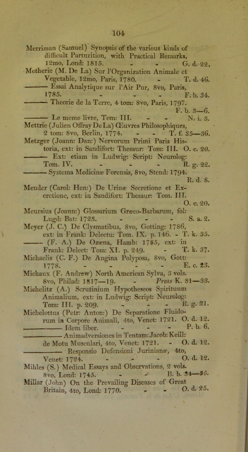 Merriman (Samuel) Synopsis of the various kinds of difficult Parturition, with Practical Remarks, 12mo, Lond: 1815. - - G. d. 22. Metherie (M. De La) Sur l’Organization Animale et Vegetable, 12mo, Paris, 1780. - T. d. 4G. Essai Analytique sur l’Air Pur, 8vo, Paris, 1785. - - F.b.34. — Theorie de la Terre, 4 tom: 8vo, Paris, 1797. F. b. 3—6. Le meme livre, Tom: III. - - N. i. 3. Mettrie (Julien Oflray DeLa) CEuvres Philosophiques, 2 tom: 8vo, Berlin, 1774. - - T. f. 35—36. Metzger (Joann: Dan:) Nervorum Primi Paris His- toria, ext: in Sandifort: Thesaur: Tom: III. O. c. 20. — Ext: etiam in Ludwig: Script: Neurolog: Tom. IV. - R. g. 22. Systema Medicine Forensis, 8vo, Stend: 1794. R. d. S. Meuder (Carol: Hen:) De Urine Seeretione et Ex- crctione, ext: in Sandifort: Thesaur: Tom. III. O. c. 20. Meursius (Joann:) Glossarium Grseco-Barbarum, fol: Lugd: Bat: 1723. - - - S. a. 2. Meyer (J. C.) De Clysmatibus, 8vo, Gotting: 1786, ext: in Frank: Deleetu: Tom. IX. p. 146. - T. k. 35. (F. A.) De Ozena, Hamb: 1785, ext: in Frank: Delect: Tom: XI. p. 249. - T. k. 37- Michaelis (C. F.) De Angina Polyposa, 8vo, Gott: 1778. - - - ' - E. c. 23. Micliaux (F. Andrew) North American Sylva, 3 vols. 8vo, Philad: 1817—19- - Press K. 31—33. Miclielitz (A.) Scrutinium Hvpotheseos Spirituum Animalium, ext: in Ludwig: Script: Neurolog: Tom: III. p. 209- - - 11 S• ~L Michelottus (Petr: Anton:) De Separatione Fluido- rum in Corpore Animali, 4to, Venet: 1721. O. d. 12. Idem liber. - - - P. b. 6. Animadversiones in Tentam: Jacob: Keill: de Motu Musculari, 4to, Venet: 1721. - O. d. 12. Responsio Defensioni Juriniana?, 4to, Venet: 1724. - - - O. d. 12. Millies (S.) Medical Essays and Observations, 2 vols. 8vo, Lond: 1745. - B. b. 34—35. Millar (John) On the Prevailing Diseases of Great Britain, 4to, Lond: 1770. - » G. d. 25.