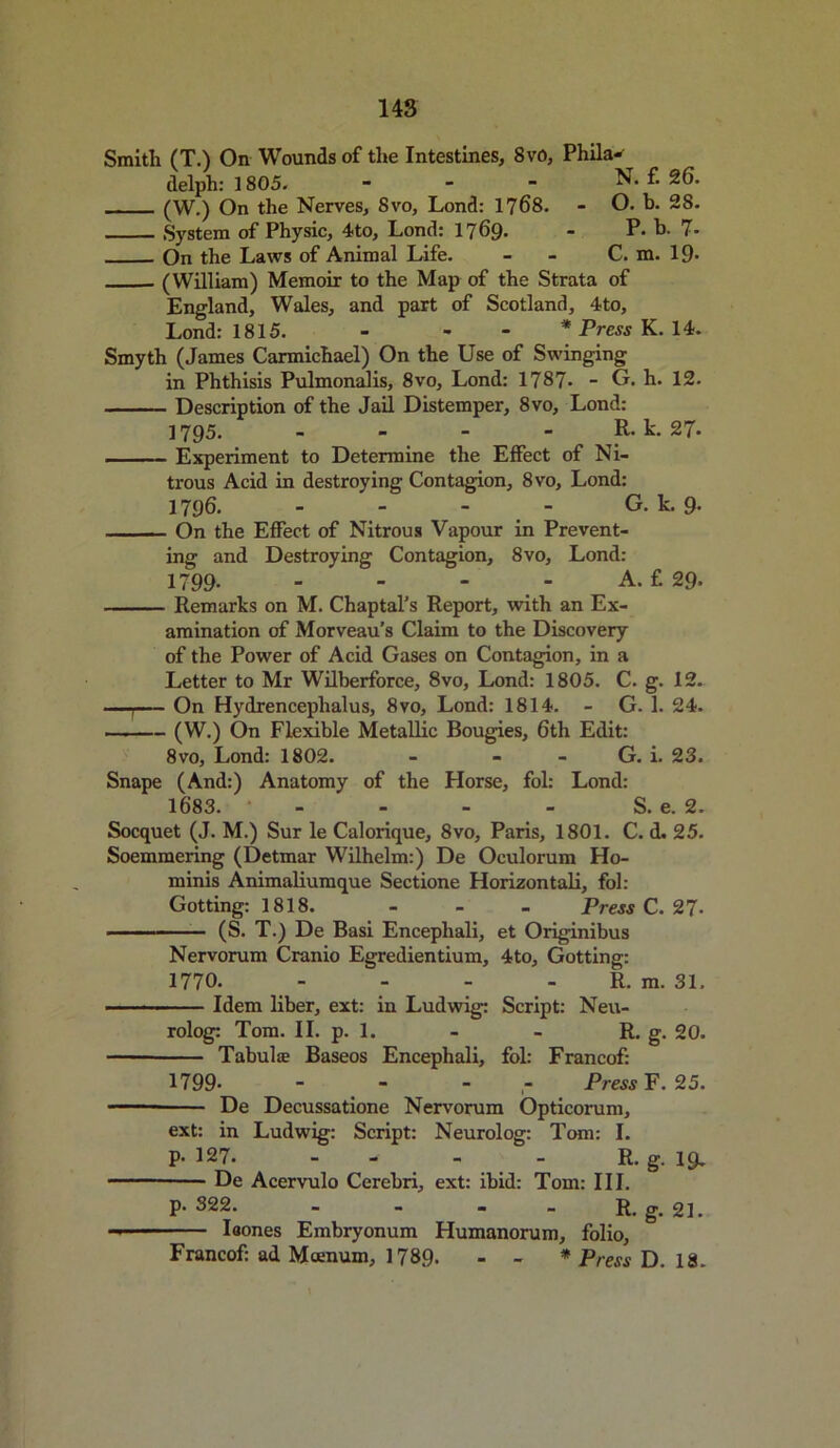 Smith (T.) On Wounds of the Intestines, 8v0, Phila- delph: 1805. - - - N. f. 26. (W.) On the Nerves, Svo, Lond: 1768. - O. b. 28. System of Physic, 4to, Lond: 1769. - P. b. 7- On the Laws of Animal Life. - - C. m. 19- (William) Memoir to the Map of the Strata of England, Wales, and part of Scotland, 4to, Lond: 1815. - - * Press K. 14. Smyth (James Carmichael) On the Use of Swinging in Phthisis Pulmonalis, 8vo, Lond: 1787. - G. h. 12. Description of the Jail Distemper, 8vo, Lond: 1795. - R. k. 27. Experiment to Determine the Effect of Ni- trous Acid in destroying Contagion, 8vo, Lond: 1796. - - - G. k. 9. On the Effect of Nitrous Vapour in Prevent- ing and Destroying Contagion, 8vo, Lond: 1799- - - - - A. £ 29. Remarks on M. Chaptal’s Report, with an Ex- amination of Morveau’s Claim to the Discovery of the Power of Acid Gases on Contagion, in a Letter to Mr Wilberforce, 8vo, Lond: 1805. C. g. 12. —I— On Hydrencephalus, 8vo, Lond: 1814. - G. 1. 24. — (W.) On Flexible Metallic Bougies, 6th Edit: 8vo, Lond: 1802. - - - G. i. 23. Snape (And:) Anatomy of the Horse, fol: Lond: 1683. - - - - S. e. 2. Socquet (J. M.) Sur le Calorique, 8vo, Paris, 1801. C. d. 25. Soemmering (Detmar Wilhelm:) De Oculorum Ho- minis Animaliumque Sectione Horizontali, fol: Gotting: 1818. - - - Press C. 27- ■ ■' - (S. T.) De Basi Encephali, et Originibus Nervorum Cranio Egredientium, 4to, Gotting: 1770. - - - - R. m. 31. ——— - Idem liber, ext: in Ludwig: Script: Neu- rolog: Tom. II. p. 1. - - R. g. 20. Tabula Baseos Encephali, fol: Francof: 1799- - - - Press F. 25. De Decussatione Nervorum Opticorum, ext: in Ludwig: Script: Neurolog: Tom: I. P- 127. - - - - R. g. 19, De Acervulo Cerebri, ext: ibid: Tom: III. p.322. - R. g. 21. Iaones Embryonum Humanorum, folio, Francof: ad Mcenum, 1789. - - * Press D. 18.