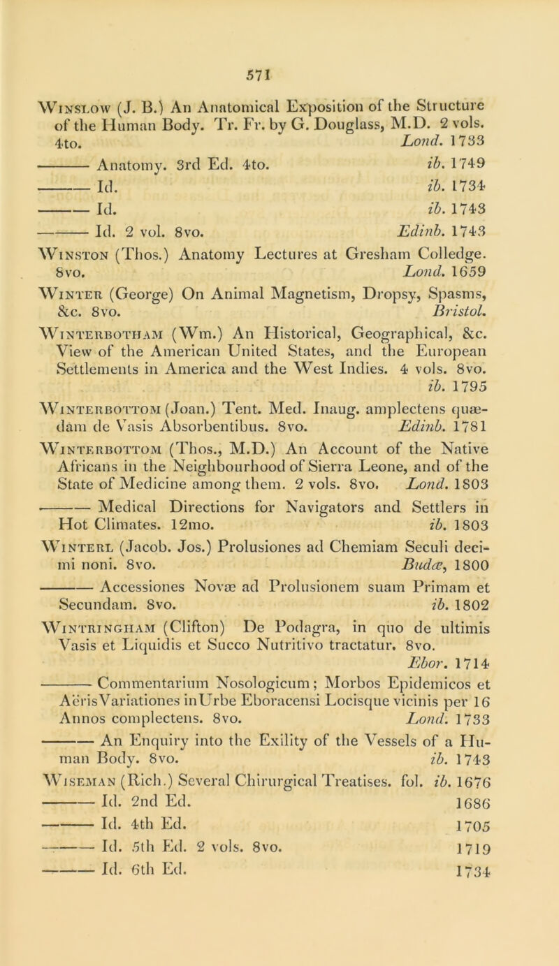 Winslow (J. B.) An Anatomical Exposition of the Structure of the Human Body. Tr. Fr. by G. Douglass, M.D. 2 vols. 4to. Loud. 1733 Anatomy. 3rd Ed. 4to. ib. 1749 Id. ib. 1734 Id. ib. 1743 Id. 2 vol. 8vo. Edinb. 1743 Winston (Tlios.) Anatomy Lectures at Gresham Colledge. 8 vo. Lond. 1659 Winter (George) On Animal Magnetism, Dropsy, Spasms, &c. 8vo. Bristol. Winterbotham (Wm.) An Historical, Geographical, &c. View of the American United States, and the European Settlements in America and the West Indies. 4 vols. 8vo. ib. 1795 Winterbottom (Joan.) Tent. Med. Inaug. amplectens quae- dam de Vasis Absorbentibus. 8vo. Edinb. 1781 Winterbottom (Thos., M.D.) An Account of the Native Africans in the Neighbourhood of Sierra Leone, and of the State of Medicine amonu; them. 2 vols. 8vo. Lond. 1803 Medical Directions for Navigators and Settlers in Hot Climates. 12mo. ib. 1803 Winterl (Jacob. Jos.) Prolusiones ad Chemiam Seculi deci- mi noni. 8vo. Budrc, 1800 Accessiones Novae ad Prolusionem suam Primam et Secundam. Svo. ib. 1802 Wintringham (Clifton) De Podagra, in quo de ultimis Vasis et Liquidis et Succo Nutritivo tractatur. 8vo. Ebor. 1714 Commentarium Nosologicum; Morbos Epidemicos et AerisVariationes inUrbe Eboracensi Locisque vicinis per 16 Annos complectens. 8vo. Lond. 1733 An Enquiry into the Exility of the Vessels of a Hu- man Body. 8vo. ib. 1743 W iseman (Rich.) Several Chirurgical Treatises, fol. ib. 1676 Id. 2nd Ed. 1686 Id. 4th Ed. 1705 — Id. 5th hid. 2 vols. 8vo. 1719 Id. 6th Ed. 1734