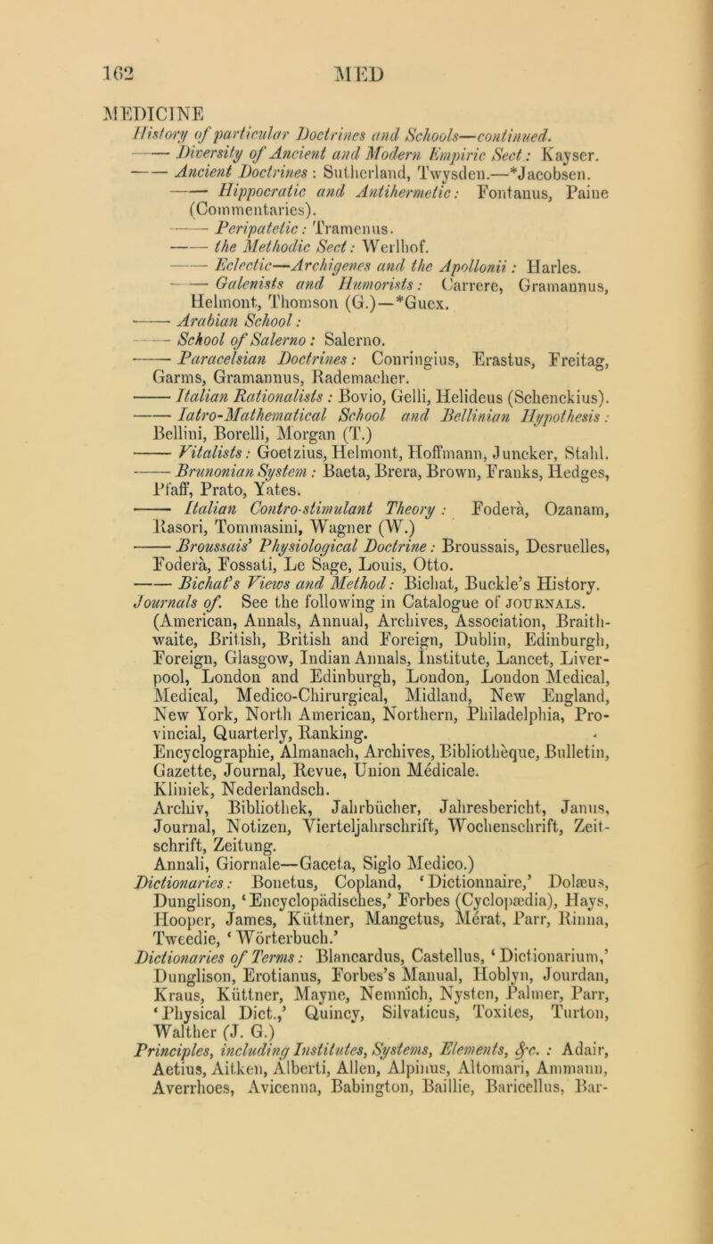 1\IKD 1C)2 MEDICINE Uhfory of particular Doctrines ami Schools^ continued. Diversity of Ancient and Modern Empiric Sect: Kayser. Ancient Doctrines : Sutherland, Twysden.—*Jacobsen. Hippocratic and A?itihermetic: Eontaniis, Paine (Commentaries). Peripatetic: Tramenus. the Methodic Sect: Werlliof. Eclectic—Archigenes and the Apollonii: Harles. Galenists and Humorists: (Jarrere, Gramannus, Helmont, Thomson (G.)—*Guex. Arabian School: School of Salerno: Salerno. Paraeelsian Doctrines: Conringius, Erastus, Ereitag, Garms, Gramannus, Rademacher. Italian Ratmialists: Bovio, Gelli, Helideus (Schenckius). lato'O-Mathematical School and Bellinian Hypothesis: Bellini, Borelli, Morgan (T.) Vitalists: Goetzius, Helmont, Hoffmann, J uncker, Stahl. Brunonian System: Baeta, Brera, Brown, Pranks, Hedges, Pfaff, Prato, Yates. Italian Contro-stimulant Theory : Podera, Ozanam, liasori, Tommasini, Wagner (W.) Broussais' Physiological Doctrine: Broussais, Desruelles, Podera, Possati, Le Sage, Louis, Otto. Bichals Views and Method: Bichat, Buckle’s History. Journals of. See the following in Catalogue of journals. (American, Annals, Annual, Archives, Association, Braith- waite, British, British and Poreign, Dublin, Edinburgh, Poreign, Glasgow, Indian Annals, Institute, Lancet, Liver- pool, London and Edinburgh, London, London Medical, Medical, Medico-Chirurgical, Midland, New England, New York, North American, Northern, Philadelphia, Pro- vincial, Quarterly, Banking. Encyclographie, Almanach, Archives, Bibliotheque, Bulletin, Gazette, Journal, Bevue, Union Medicale. Kliniek, Nederlandsch. Arcliiv, Bibliothek, Jalirbiicher, Jaliresbericht, Janus, Journal, Notizen, Yierteljahrschrift, Wochenschrift, Zeit- schrift, Zeitung. Annali, Giornale—Gaceta, Siglo Medico.) Dictionaries: Bonetus, Copland, ‘ Dictionnaire,’ Dolseus, Dunglison, ‘ Encyclopadisches,’ Porbes (Cyclo))a;dia), Hays, Hooper, James, Kiittner, Mangetus, Merat, Parr, Binna, Tweedie, ‘ Worterbuch.’ Dieiionaries of Terms: Blancardus, Castellus, ‘ Dictionarium,’ Dunglison, Erotianus, Porbes’s Manual, Hoblyn, Jourdan, Kraus, Kiittner, Mayne, Nemnich, Nysten, Palmer, Parr, ‘Physical Diet.,’ Quincy, Silvaticus, Toxites, Turton, Walther (J. G.) Principles^ ineluding Institutes^ Systems^ Elements^ ^c. : Adair, Aetius, Aitken, Alberti, Allen, Alpinus, Altomari, Ammanu, Averrhoes, Avicenna, Babington, Baillie, Baricellus, Bar-