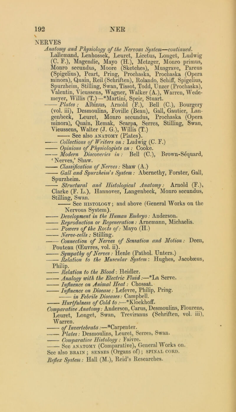 \ NERVES Anatomy and Physiology of the Nervous Ay stem—continued. Lallemaiid, Lenhossek, Leuret, Licetiis, Longet, Ludwig (C. F.), Magendie, Mayo (H.), Metzger, Monro primus, Monro secundus, Moore (Sketches), Musgrave, Pareus (Spigelius), Peart, Pring, Prochaska, Procliaska (Opera minora), Quain, Reil (Schriften), Rolando, Scliiff, Spigelius, Spurzheiin, Stilling, Swan, Tissot, Todd, TJnzer (Prochaska), Valentin, Vieussens, Wagner, Walker (A.), Warren, Wede- meyer, Willis (T.)—*Martini, Speir, Stuart. Plates: Albinus, Arnold (F.), Bell (C.), Bourgery (vol. iii), Desmoulins, Foville (Beau), Gall, Gautier, Lan- genbeck, Leuret, Monro secundus, Prochaska (Opera minora), Quain, Remak, Scarpa, Serres, Stilling, Swan, Vieussens, Walter (J. G.), Willis (T.) See also anatomy (Plates). Collections of Writers on : Ludwig (C. F.) Opinions of Physiologists on : Cooke. Modern discoveries in: Bell (C.), Brown-Sequard, ‘Nerves,’ Shaw. Classifcatioti of Nerves: Shaw (A.) Gall and Spurzheim^s System: Abernethy, Forster, Gall, Spurzheim. Structural a^id Histological Anatomy: Arnold (F.), Clarke (F. L.), Hannover, Langenbeck, Monro secundus. Stilling, Swan. See HISTOLOGY; and above (General AVorks on the Nervous System). Development in the Human Embryo: Anderson. Peprod2iction or P^generation: Arnemann, Michaelis. Powers of the Roots of: Mayo (H.) Nerve-cells: Stilling. Connection of Nerves of Sensation and Motion: Deen, Pouteau (CEuvres, vol. ii). Sympathy of Nerves: Henle (Patliol. Enters.) Relation to the Muscular System: Hughes, Jacobseus, Philip. Relation to the Blood; Hcidler. Analogy with the Electric Fluid:—*La Serve. Influence on Animal Heat: Chossat. Influence on Disease: Lefevre, Philip, Pring. in Febrile Diseases: Campbell. Hurtfulness of Cold to:—*Kloekholf. Comparative Anatomy: Anderson, Cams, Desmoulins, Flourens, Leuret, Longet, Swan, Treviranus (Schriften, vol. iii), Warren. of Invertebrata:—^Carpenter. Plates: Desmoulins, Leuret, Serres, Swan. Comparative Histology: Faivrc. Sec ANATOMY (Comparative), General Works on. See also brain ; senses (Organs of); spinal core. Reflex System: Hall (M.), Reid’s Researches.