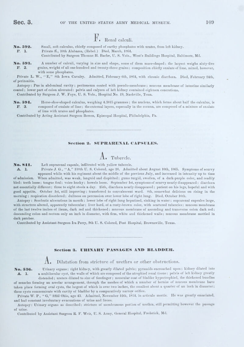 F. Renal calculi. No. 592. Small, soft calculus, chiefly composed of earthy phosphates with urates, from left kidney. F. 1. Private S., 10th Alabama, (Rebel.) Died, March, 1864. Contributed by Surgeon Thomas H. Bache, U. S. Vols., West's Buildings Hospital, Baltimore, Md. No. 593. A number of calculi, varying in size and shape, some of them mace-shaped ; the largest weighs sixty-five F. 2. grains, weight of all one hundred and twenty-three grains; composition chiefly oxalate of lime, mixed, however, with some phosphates. Private L. W., ''E, 8th Iowa Cavalry. Admitted, February (5th, 1864, with chronic diarrhoea. Died, February'24th, of peritonitis. Autopsy: Pus in abdominal cavity; peritoneum coated with pseudo-membrane; mucous membrane of intestine similarly coated ; lower part of colon ulcerated : pelvis and calyces of left kidney contained eighteen concretions. Contributed by Surgeon J. W. Foye, U. S. Vols., Hospital No. 19, Nashville, Tenn. No. 594. Horse-shoe-shaped calculus, weighing 4.3815 grammes ; the nucleus, which forms about half the calculus, is F. 3. composed of oxalate of lime; the external layers, especially in the cornua, are composed of a mixture of oxalate of lime with urates and phosphates. Contributed by Acting Assistant Surgeon Bowen, Episcopal Hospital, Philadelphia, Pa. Section 2. SUPRARENAL. CAPSULES. A. Tubercle. No. 841. Left suprarenal capsule, infiltrated with yellow tubercle. A. 1. Private J. G., A, 118th U. S. Colored, age 20. Admitted about August 10th, 1865. Symptoms of scurvy appeared while with his regiment about the middle of the previous July, and increased in intensity up to time of admission. When admitted, was weak, languid and dispirited; gums turgid, swollen, of a dark-purple color, and readily bled; teeth loose; tongue foul; voice husky; bowels loose. September 1st, symptoms of scurvy nearly disappeared ; diarrhoea not essentially different; three to eight stools a day. 25th, diarrhoea nearly disappeared ; patient on his legs, hopeful and with good appetite. October 1st, still improving; transferred to convalescent ward. 8th, somewhat delirious on rising in the morning ; respiration disordered ; dullness on percussion over lower lobe of right lung. Died, October 10th. Autopsy : Scorbutic ulcerations in mouth ; lower lobe of right lung hepatized, sinking in water ; suprarenal capsules large, with structure altered, apparently tubercular; liver hard, of a rusty-brown color, with scattered tubercles; mucous membrane of the last twelve inches of ileum, dark red and thickened; mucous membrane of ascending and transverse colon dark red; descending colon and rectum only an inch in diameter, with firm, white and thickened walls; mucous membrane mottled in dark patches. Contributed by Assistant Surgeon Ira Perry, 9th U. S. Colored, Post Hospital, Brownsville, Texas. Section 3. URINARY PASSAGES AND BLADDEK. Dilatation from stricture of urethra or other obstructions. No. 536. Urinary organs; right kidney, with greatly dilated pelvis; pyramids encroached upon; kidney dilated into A. 1. a multilocular cyst, the walls of which are composed of the atrophied renal tissue; pelvis of left kidney greatly distended ; ureters dilated to size of forefinger ; muscular coat of bladder hypertrophied, the thickened bundles of muscles forming an areolar arrangement, through the meshes of which a number of hernise of mucous membrane have taken place forming oval cysts, the largest of which is over two inches, the smallest about a quarter of an inch in diameter; these cysts communicate with cavity of bladder by a comparatively narrow orifice. Private W. P.,  G, 122d Ohio, age 43. Admitted, November 12th, 1854, in articulo mortis. He was greatly emaciated, and had constant involuntary evacuations of urine and fasces. Autopsy: Urinary organs as described; stricture of membranous portion of urethra, still permitting however the passage of urine. Contributed by Assistant Surgeon R. F. Weir, U. S. Army, General Hospital, Frederick, Md.