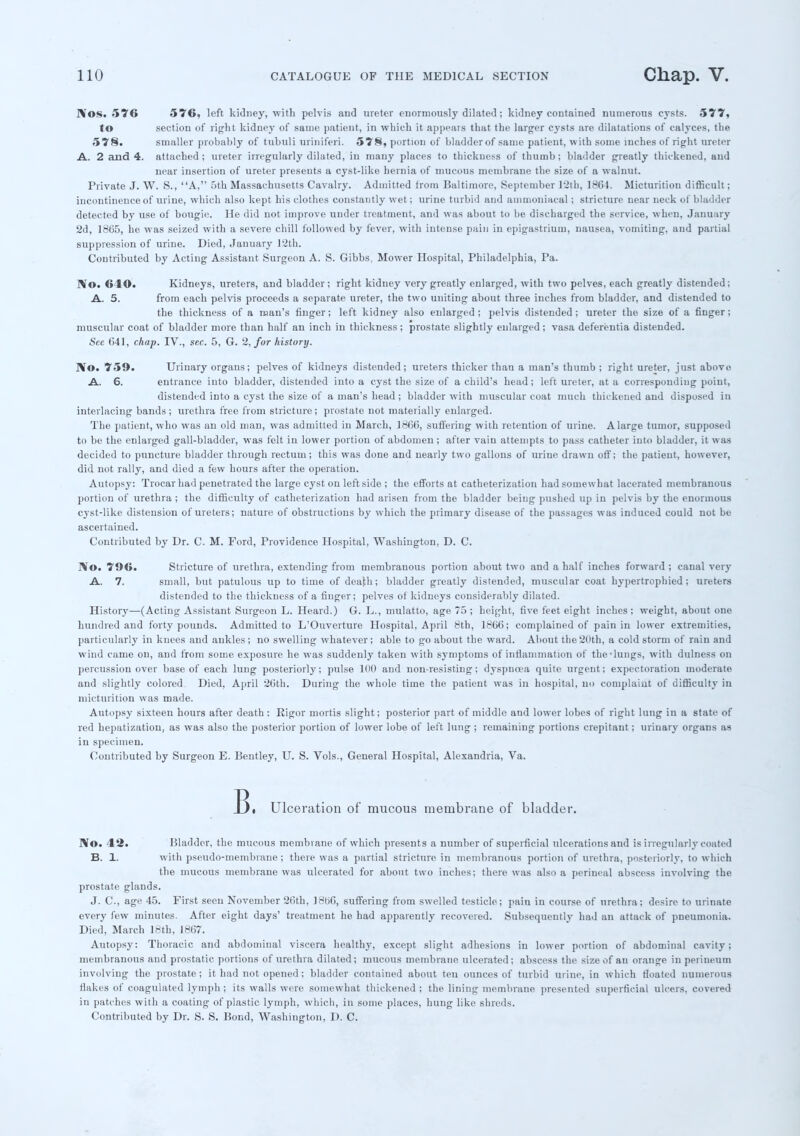 Nos. 576 576, left kidney, with pelvis and ureter enormously dilated; kidney contained numerous cysts. 577, to section of rig-lit kidney of same patient, in which it appears that the larger cysts are dilatations of calyces, the 578. smaller probably of tubuli uriniferi. 578, portion of bladder of same patient, with some inches of right ureter A. 2 and 4. attached ; ureter irregularly dilated, in many places to thickness of thumb ; bladder greatly thickened, and near insertion of ureter presents a cyst-like hernia of mucous membrane the size of a walnut. Private J. W. S., A, 5th Massachusetts Cavalry. Admitted from Baltimore, September 12th, 1861. Micturition difficult; incontinence of urine, which also kept his clothes constantly wet; urine turbid and ammoniacal ; stricture near neck of bladder detected by use of bougie. He did not improve under treatment, and was about to be discharged the service, when, January 2d, 1865, he was seized with a severe chill followed by fever, with intense pain in epigastrium, nausea, vomiting, and partial suppression of urine. Died, January 12th. Contributed by Acting Assistant Surgeon A. S. Gibbs, Mower Hospital, Philadelphia, Pa. No. 610. Kidneys, ureters, and bladder; right kidney very greatly enlarged, with two pelves, each greatly distended; A. 5. from each pelvis proceeds a separate ureter, the two uniting about three inches from bladder, and distended to the thickness of a man's finger; left kidney also enlarged ; pelvis distended; ureter the size of a finger; muscular coat of bladder more than half an inch in thickness; prostate slightly enlarged; vasa deferentia distended. See (341, chap. IV., sec. 5, G. 2, for history. No. 759. Urinary organs; pelves of kidneys distended; ureters thicker than a man's thumb ; right ureter, just above. A. 6. entrance into bladder, distended into a cyst the size of a child's head ; left ureter, at a corresponding point, distendt-d into a cyst the size of a man's head ; bladder with muscular coat much thickened and disposed in interlacing bands; urethra free from stricture; prostate not materially enlarged. The patient, who was an old man, was admitted in March, 18(16, suffering with retention of urine. A large tumor, supposed to be the enlarged gall-bladder, was felt in lower portion of abdomen ; after vain attempts to pass catheter into bladder, it was decided to puncture bladder through rectum; this was done and nearly two gallons of urine drawn off; the patient, however, did not rally, and died a few hours after the operation. Autopsy: Trocar had penetrated the large cyst on left side ; the efforts at catheterization had somewhat lacerated membranous portion of urethra ; the difficulty of catheterization had arisen from the bladder being pushed up in pelvis by the enormous cyst-like distension of ureters; nature of obstructions by which the primary disease of the passages was induced could not be ascertained. Contributed by Dr. C. M. Ford, Providence Hospital, Washington, D. C. No. 796. Stricture of urethra, extending from membranous portion about two and a half inches forward ; canal very A. 7. small, but patulous up to time of death; bladder greatly distended, muscular coat hypertrophied; ureters distended to the thickness of a finger; pelves of kidneys considerably dilated. History—(Acting Assistant Surgeon L. Heard.) G. L., mulatto, age 75 ; height, five feet eight inches ; weight, about one hundred and forty pounds. Admitted to L'Ouverture Hospital, April 8th, 1866; complained of pain in lower extremities, particularly in knees and ankles; no swelling whatever ; able to go about the ward. About the 20th, a cold storm of rain and wind came on, and from some exposure he was suddenly taken with symptoms of inflammation of the lungs, with dulness on percussion over base of each lung posteriorly; pulse 100 and non-resisting; dyspnoea quite urgent; expectoration moderate and slightly colored Died, April 20th. During the whole time the patient was in hospital, no complaint of difficulty in micturition was made. Autopsy sixteen hours after death : Rigor mortis slight; posterior part of middle and lower lobes of right lung in a state of red hepatization, as was also the posterior portion of lower lobe of left lung ; remaining portions crepitant; urinary organs as in specimen. Contributed by Surgeon E. Bentley, U. S. Vols., General Hospital, Alexandria, Va. 131 Ulceration of mucous membrane of bladder. No. 42. Bladder, the mucous membrane of which present s a number of superficial ulcerations and is irregularly coated B. 1. with pseudo-membrane ; there was a partial stricture in membranous portion of urethra, posteriorly, to which the mucous membrane was ulcerated for about two inches; there was also a perineal abscess involving the prostate glands. J. C, age 45. First seen November 26th, 1806, suffering from swelled testicle; pain in course of urethra; desire to urinate every few minutes. After eight days' treatment he had apparently recovered. Subsequently had an attack of pneumonia. Died, March 18th, 1867. Autopsy: Thoracic and abdominal viscera healthy, except slight adhesions in lower portion of abdominal cavity; membranous and prostatic portions of urethra dilated; mucous membrane ulcerated; abscess the size of an orange in perineum involving the prostate; it had not opened; bladder contained about teu ounces of turbid urine, in which floated numerous flakes of coagulated lymph; its walls were somewhat thickened; the lining membrane presented superficial ulcers, covered in patches with a coating of plastic lymph, which, in some places, hung like shreds. Contributed by Dr. S. S. Bond, Washington, D. C.