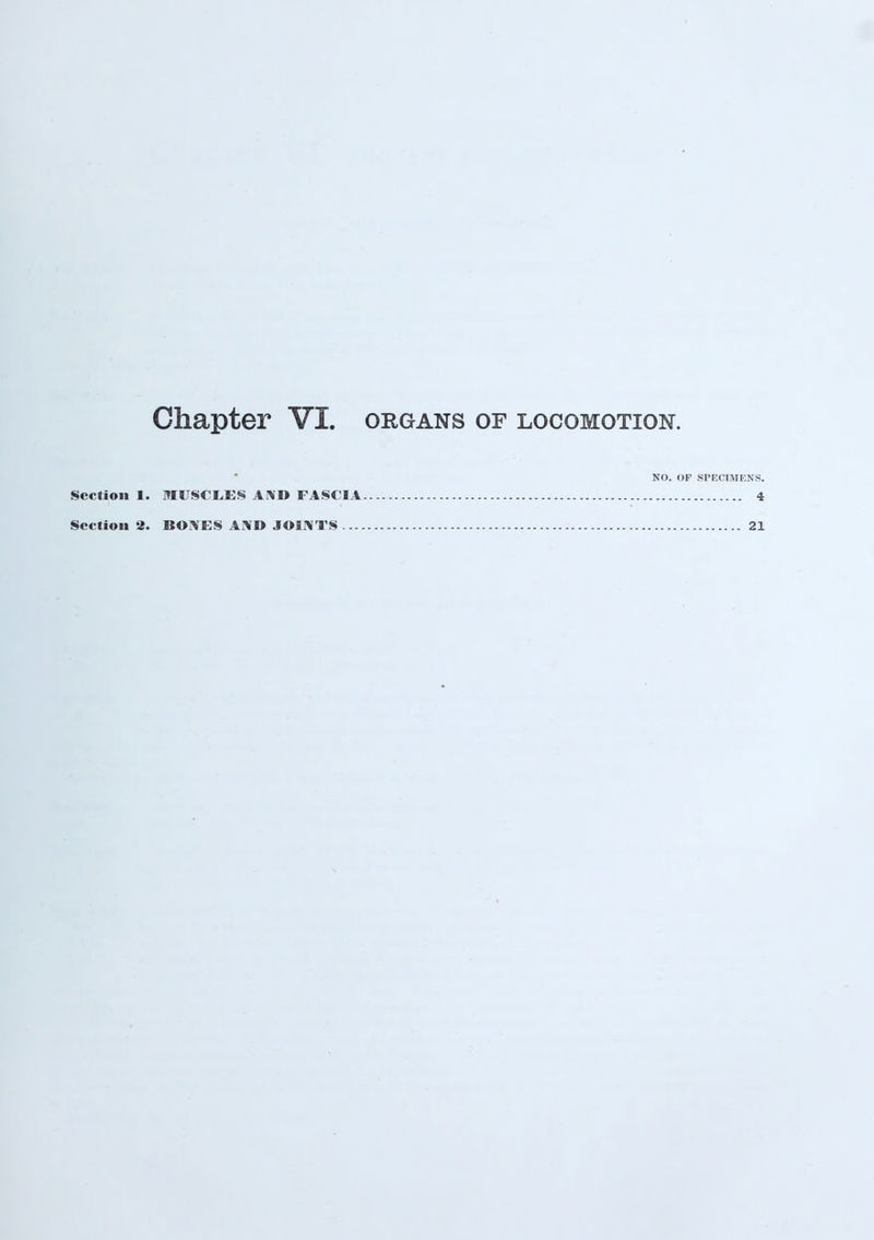 NO. OF SPECIMENS. Section 1. MUSCLES AND FASCIA 4 Section 2. BONES AND JOINTS 21