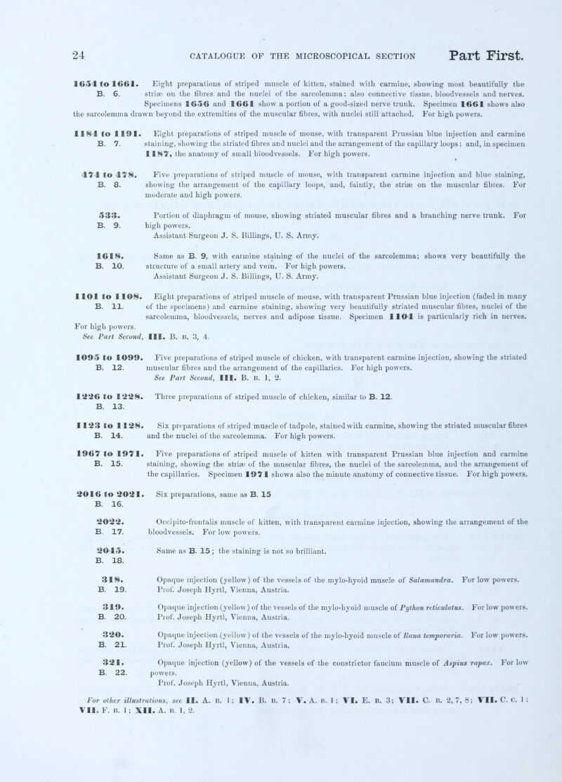 1654 to 1661. Eight preparations of striped muscle of kitten, stained with carmine, showing most beautifully the B. 6. stria: on the fibres and the nuclei of the sarcolemma; also connective tissue, bloodvessels and nerves. Specimens 1656 and 16(>1 show a portion of a good-sized nerve trunk. Specimen 1661 shows also the sarcolemma drawn beyond the extremities of the muscular fibres, with nuclei still attached. For high powers. 1184 to 1191. Eight preparations of striped muscle of mouse, with transparent Prussian blue injection and carmine B. 7. staining, showing the striated fibres and nuclei and the arrangement of the capillary loops; and, in specimen 1187, the anatomy of small bloodvessels. For high powers. 474 to 478. Five preparations of striped muscle of mouse, with transparent carmine injection and blue staining, B. 8. showing the arrangement of the capillary loops, and, faintly, the striae on the muscular fibres. For moderate and high powers. 533. Portion of diaphragm of mouse, showing striated muscular fibres and a branching nerve trunk. For B. 9. high powers. Assistant Surgeon J. S. Billings, U. S. Army. 1618. Same as B. 9, with carmine staining of the nuclei of the sarcolemma; shows very beautifully the B. 10. structure of a small artery and vein. For high powers. Assistant Surgeon J. S. Billings, U. S. Army. 1101 to I lOW. Eight preparations of striped muscle of mouse, with transparent Prussian blue injection (faded in many B. 11. of the specimens) and carmine staining, showing very beautifully striated muscular fibres, nuclei of the sarcolemma, bloodvessels, nerves and adipose tissue. Specimen 1104 is particularly rich in nerves. For high powers. See Part Second, HI. B. is. 3, 4. 1095 to 1099. Five preparations of striped muscle of chicken, with transparent carmine injection, showing the striated B. 12. muscular fibres and the arrangement of the capillaries. For high powers. See Part Second, III. B. 1$. ], 2. 1226 to i 228. Three preparations of striped muscle of chicken, similar to B. 12. B. 13. 1123 to 1128. Six preparations of striped muscle of tadpole, stained with carmine, showing the striated muscular fibres B. 14. and the nuclei of the sarcolemma. For high powers. 1967 to 1971. Five preparations of striped muscle of kitten with transparent Prussian blue injection and carmine B. 15. staining, showing the striae of the muscular fibres, the nuclei of the sarcolemma, and the arrangement of the capillaries. Specimen 1971 shows also the minute anatomy of connective tissue. For high powers. 2016 to 2021. Six preparations, same as B. 15 B. 16. 2022. Occipito-frontalis muscle of kitten, with transparent carmine injection, showing the arrangement of the B. 17. bloodvessels. For low powers. 2045. Same as B. 15 ; the staining is not so brilliant. B. 18. 318. Opaque injection (yellow) of the vessels of the mylo-hyoid muscle of Salamandra. Fur low powers. B. 19. Prof. Joseph Hyrtl, Vienna, Austria. 319. Opaque injection (yellow) of the vessels of the mylo-hyoid muscle of Python rcticulatus. For low powers. B. 20. Prof. Joseph Hyrtl, Vienna, Austria. 320. Opaque injection (yellow) of the vessels of the mylo-hyoid muscle of Rana temporaria. For low powers. B. 21. Prof. Joseph Hyrtl, Vienna, Austria. 321. Opaque injection (yellow) of the vessels of the constrictor faucium muscle of Aspius rapax. For low B. 22. powers. Prof. Joseph Hyrtl, Vienna, Austria. For other illustrations, see II. A. B. 1 ; IV. B. B. 7 ; V. A. B. 1 ; VI. E. B. 3; VII. C. B. 2,7, 8; VII. C. c I : VII. F. B. 1 ; XII. A. B. 1, 2.