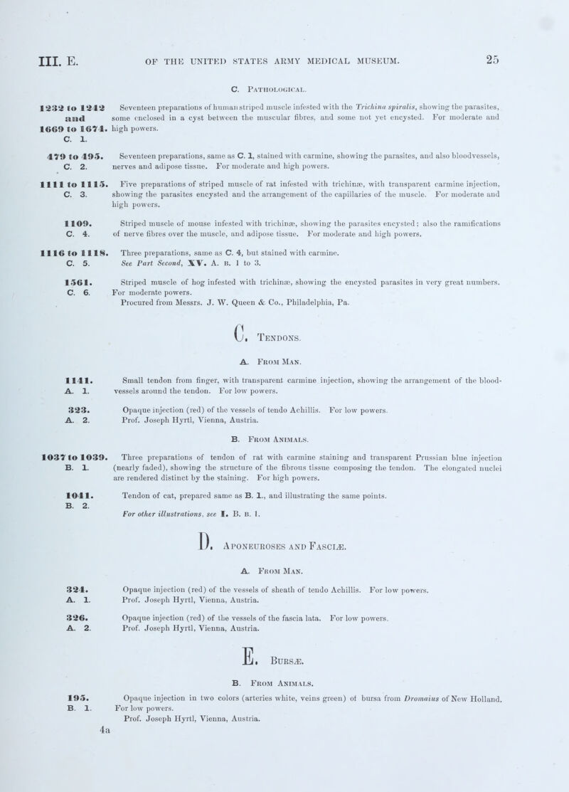 C. Pathological. 1232 to 1242 Seventeen preparations of human striped muscle infested with the Trichina spiralis, showing the parasites, Stdi«| some enclosed in a cyst between the muscular fibres, and some not yet encysted. For moderate and 1669 to 1674. high powers. C. 1. 479 to 495. Seventeen preparations, same as C. 1, stained with carmine, showing the parasites, and also bloodvessels, C. 2. nerves and adipose tissue. For moderate and high powers. 1111 to 1115. Five preparations of striped muscle of rat infested with trichinae, with transparent carmine injection, C. 3. showing the parasites encysted and the arrangement of the capillaries of the muscle. For moderate and high powers. 1109. Striped muscle of mouse infested with trichinae, showing the parasites encysted; also the ramifications C. 4. of nerve fibres over the muscle, and adipose tissue. For moderate and high powers. 1116 to 111S. Three preparations, same as C. 4, but stained with carmine. C. 5. See Part Second, XV. A. is. 1 to 3. 1561. Striped muscle of hog infested with trichinae, showing the encysted parasites in very great numbers. C. 6. For moderate powers. Procured from Messrs. J. W. Queen & Co., Philadelphia, Pa. c. Tendons. A. From Man. 1141. Small tendon from finger, with transparent carmine injection, showing the arrangement of the blood- A. 1. vessels around the tendon. For low powers. 323. Opaque injection (red) of the vessels of tendo Achillis. For low powers. A. 2. Prof. Joseph Hyrtl, Vienna, Austria. B. From Animals. 103'7tOl039. Three preparations of tendon of rat with carmine staining and transparent Prussian blue injection B. 1. (nearly faded), showing the structure of the fibrous tissue composing the tendon. The elongated nuclei are rendered distinct by the staining. For high powers. 1041. Tendon of cat, prepared same as B. 1., and illustrating the same points. B. 2. For other illustrations, see I. B. B. 1. D. Aponeuroses and Fascle. A. From Man. 324. Opaque injection (red) of the vessels of sheath of tendo Achillis. For low powers. A. 1. Prof. Joseph Hyrtl, Vienna, Austria. 326. Opaque injection (red) of the vessels of the fascia lata. For low powers. A. 2. Prof. Joseph Hyrtl, Vienna, Austria. E, BURS.E. B. From Animals. 195. Opaque injection in two colors (arteries white, veins green) of bursa from Dromaius of New Holland. B. 1. For low powers. Prof. Joseph Hyrtl, Vienna, Austria. 4a