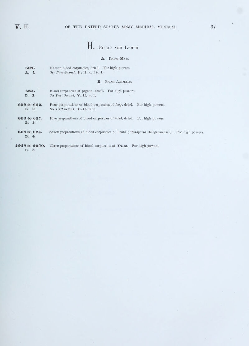 H. Blood and Lymph. A. From Man. 608. Human blond corpuscle1', dried. For high powers. A. 1. See Part Second, V. H. A. 1 to 4. B. From Animals. 387. Blood corpuscles of pigeon, dried. For high powers. B. 1. See Part Second, V. H. B. 1. 609 to 612* Four preparations of blood corpuscles of frog, dried. For high powers. B 2. See Part Second, V. H. B. 2. 613 to 617. Five preparations of blood corpuscles of toad, dried. For high powers. B. 3. 618 to 624. Seven preparations of blood corpuscles of lizard (Mcnopoma Allcgltcnicnsis). For high powers. B. 4. 2048 to 2050. Three preparations of blood corpuscles of Triton. For high powers. B. 5.