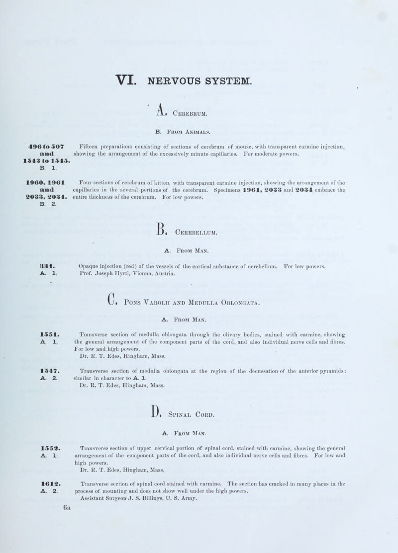 A.. Cerebrum. B. From Animals. 496 to 507 Fifteen preparations consisting of sections of cerebrum of mouse, with transparent carmine injection, and showing the arrangement of the excessively minute capillaries. For moderate powers. 1543 to 1545. B. 1. 1960, 1961 and 2033, 2034. B. 2. Four sections of cerebrum of kitten, with transparent carmine injection, showing the arrangement of the capillaries in the several portions of the cerebrum. Specimens 1961, 2033 and 2034 embrace the entire thickness of the cerebrum. For low powers. Bi Cerebellum. A. From Man. 334. Opaque injection (red) of the vessels of the cortical substance of cerebellum. For low powers. A. 1. Prof. Joseph Hyrtl, Vienna, Austria. Ci Pons Varolii and Medulla Oblongata. A. From Man. 1551. Transverse section of medulla oblongata through the olivary bodies, stained with carmine, showing A. 1. the general arrangement of the component parts of the cord, and also individual nerve cells and fibres. For low and high powers. Dr. E. T. Edes, Hingham, Mass. 1547. Transverse section of medulla oblongata at the region of the decussation of the anterior pyramids; A. 2. similar in character to A. 1. Dr. R. T. Edes, Hingham, Mass. D. Spinal Cord. A. From Man. 1552. Transverse section of upper cervical portion of spinal cord, stained with carmine, showing the general A. 1. arrangement of the component parts of the cord, and also individual nerve cells and fibres. For low and high powers. Dr. R. T. Edes, Hingham, Mass. 1612. Transverse section of spinal cord stained with carmine. The section has cracked in many places in the A. 2. process of mounting and does not show well under the high powers. Assistant Surgeon J. S. Billings, U. S. Army. 6;i