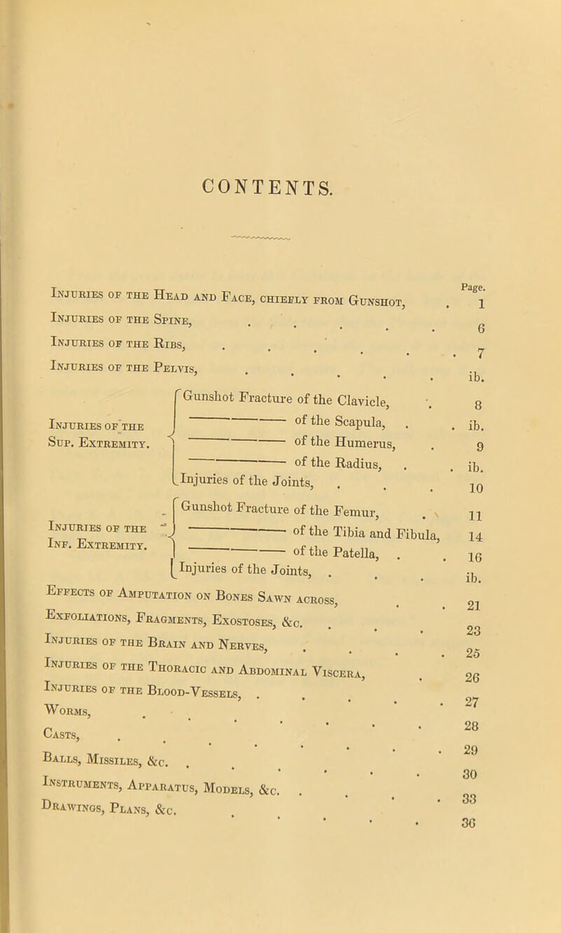 CONTENTS. Injuries of the Head and Face, chiefly from Gunshot, Injuries of the Spine, Injuries of the Ribs, Injuries of the Pelvis. ‘ * • • Gunshot Fracture of the Clavicle, ' °f the Scapula, ‘ of the Humerus,  ~~ °f the Radius, ^Injuries of the Joints, Gunshot Fracture of the Femur, 1 of tlie Tibia and Fibula, ‘ °f the Patella, Injuries of the Joints, Effects of Amputation on Bones Sawn across, Exfoliations, Fragments, Exostoses, &c. Injuries of the Brain and Nerves, Injuries of the Thoracic and Abdominal Viscera, Injuries of the Blood-Vessels, Worms, Casts, Palls, Missiles, &c. Instruments, Apparatus, Models, &c. Drawings, Plans, &c. Injuries of’the Sup. Extremity. Injuries of the ■*