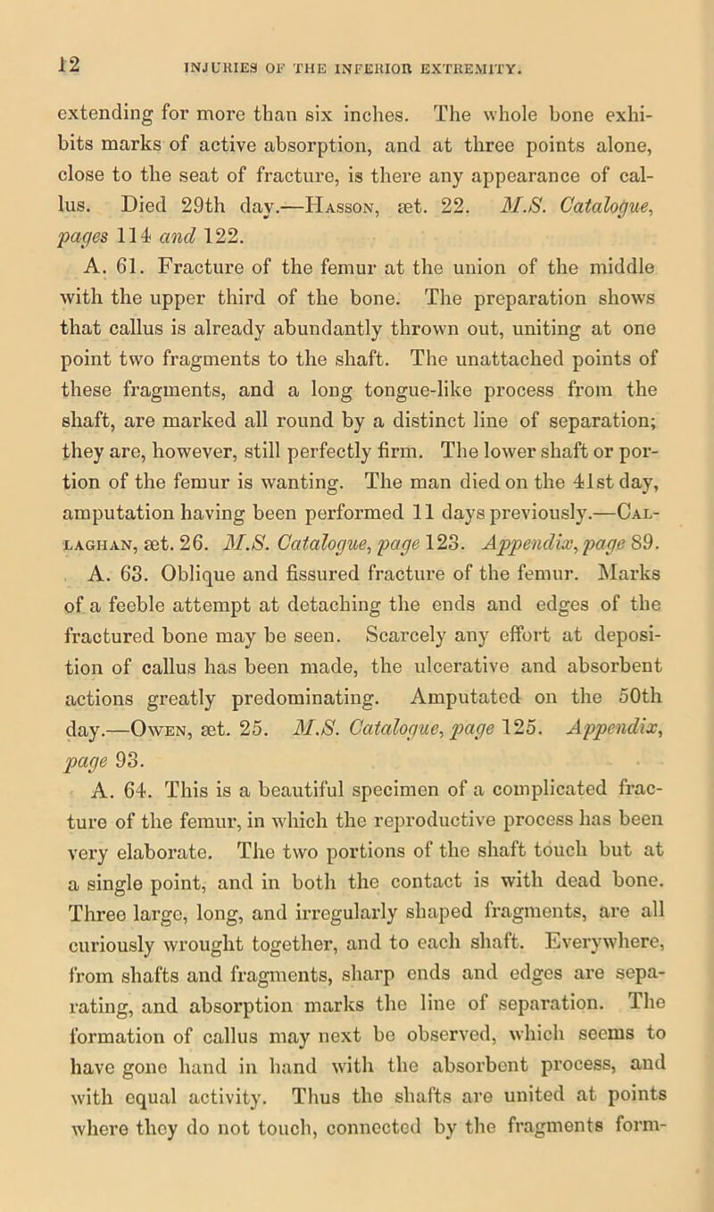 extending for more than six inches. The whole bone exhi- bits marks of active absorption, and at three points alone, close to the seat of fracture, is there any appearance of cal- lus. Died 29th day.—Hasson, rnt. 22. 31.S. Catalogue, pages 114 and 122. A. 61. Fracture of the femur at the union of the middle with the upper third of the bone. The preparation shows that callus is already abundantly thrown out, uniting at one point two fragments to the shaft. The unattached points of these fragments, and a long tongue-like process from the shaft, are marked all round by a distinct line of separation; they are, however, still perfectly firm. The lower shaft or por- tion of the femur is wanting. The man died on the 41st day, amputation having been performed 11 days previously.—Cal- laghan, set. 26. 31.S. Catalogue, page 123. Appendix, page 89. A. 63. Oblique and fissured fracture of the femur. Marks of a feeble attempt at detaching the ends and edges of the fractured bone may be seen. Scarcely any effort at deposi- tion of callus has been made, the ulcerative and absorbent actions greatly predominating. Amputated on the 50th day.—Owen, set. 25. 31. S. Catalogue, page 125. Appendix, page 93. A. 64. This is a beautiful specimen of a complicated frac- ture of the femur, in which the reproductive process has been very elaborate. The two portions of the shaft touch but at a single point, and in both the contact is with dead bone. Three large, long, and irregularly shaped fragments, are all curiously wrought together, and to each shaft. Everywhere, from shafts and fragments, sharp ends and edges are sepa- rating, and absorption marks the line of separation. The formation of callus may next be observed, which seems to have gone hand in hand with the absorbent process, and with equal activity. Thus the shafts are united at points where they do not touch, connected by the fragments form-