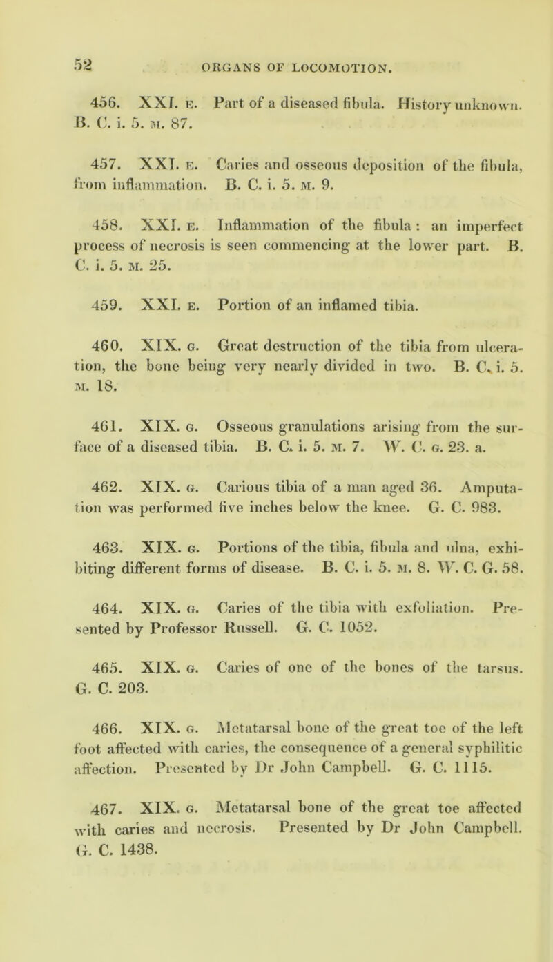 456. XXI. E. Part of a diseased fibula. History unknown. P. C. i. 5. M. 87. 457. XXI. E. Caries and osseous deposition of the fibula, from inflammation. B. C. i. 5. M. 9. 458. XXI. E. Inflammation of the fibula ; an imperfect process of necrosis is seen commencing at the lower part. B. C. i. 5. M. 25. 459. XXL E. Portion of an inflamed tibia. 460. XIX. G. Great destruction of the tibia from ulcera- tion, the bone being very nearly divided in two. B. CL i. 5. M. 18. 461. XIX. G. Osseous granulations arising from the sur- face of a diseased tibia. B. C. i. 5. m. 7. W. C. g. 23. a. 462. XIX. G. Carious tibia of a man aged 36. Amputa- tion was performed five inches below the knee. G. C. 983. 463. XIX. G. Portions of the tibia, fibula and ulna, exhi- biting different forms of disease. B. C. i. 5. im. 8. W. C. G. 58. 464. XIX. G. Caries of the tibia with exfoliation. Pre- sented by Professor Russell. G. C’. 1052. 465. XIX. G. Caries of one of the bones of the tarsus. G. C. 203. 466. XIX. G. Metatarsal bone of the great toe of the left foot affected with caries, the consequence of a general syphilitic aft'ection. Presented by Dr John Campbell. G. C. 1115. 467. XIX. G. Metatarsal bone of the great toe affected Avith caries and necrosis. Presented by Dr John Campbell. G. C. 1438.