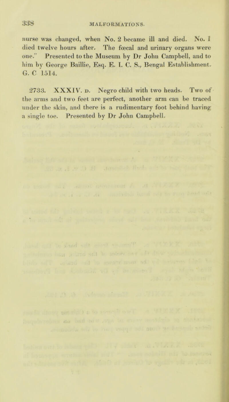 sss MALFORMATIONS. nurse was changed, when No. 2 became ill and died. No. 1 died twelve hours after. The foecal and urinary organs were one.” Presented to the Museum by Dr John Campbell, and to him by George Baillie, Esq. E. I. C. S., Bengal Establishment. G. C 1514. 2733. XXXIV. D. Negro child with two heads. Two of the arms and two feet are perfect, another arm can be traced under the skin, and there is a rudimentary foot behind having a single toe. Presented by Dr John Campbell.