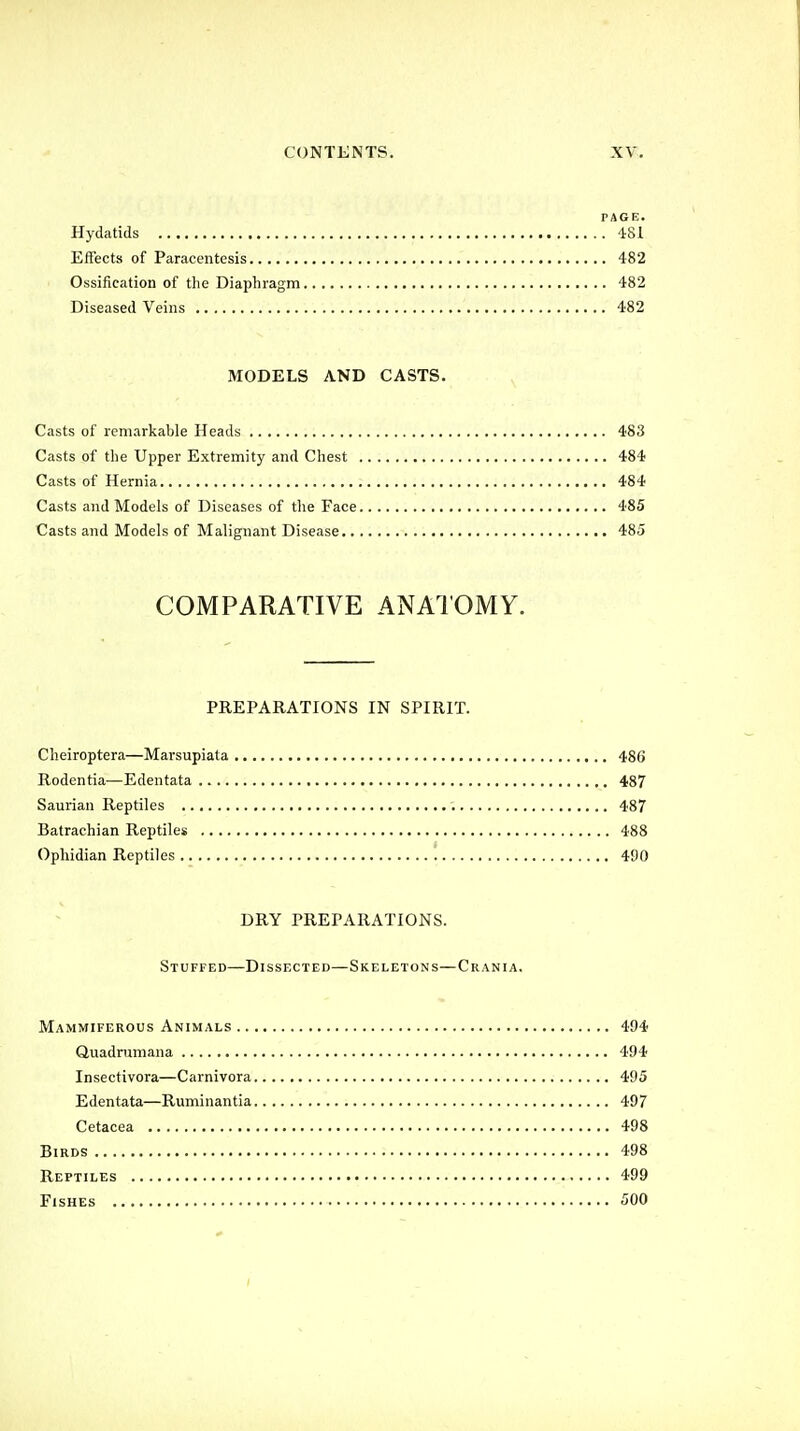 PAGE. Hydatids 481 Effects of Paracentesis 482 Ossification of the Diaphragm 482 Diseased Veins 482 MODELS AND CASTS. Casts of remarkable Heads 483 Casts of the Upper Extremity and Chest 484 Casts of Hernia 484 Casts and Models of Diseases of the Face 485 Casts and Models of Malignant Disease 485 COMPARATIVE ANATOMY. PREPARATIONS IN SPIRIT. Cheiroptera—Marsupiata 480 Rodentia—Edentata 487 Saurian Reptiles 487 Batrachian Reptiles 488 Ophidian Reptiles 4'JO DRY PREPARATIONS. Stuffed—Dissected—Skeletons—Crania. Mammiferous Animals 494 Quadramana 494 Insectivora—Carnivora 495 Edentata—Ruminantia 497 Cetacea 498 Birds 498 Reptiles 499 Fishes 500