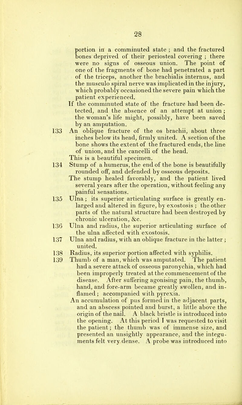 portion in a comminuted state • and the fractured bones deprived of their periosteal covering ; there were no signs of osseous union. The point of one of the fragments of bone had penetrated a part of the triceps, another the brachialis internus, and the musculo spiral nerve was implicated in the injury, which probably occasioned the severe pain which the patient experienced. If the comminuted state of the fracture had been de- tected, and the absence of an attempt at union; the woman's life might, possibly, have been saved by an amputation. 133 An oblique fracture of the os brachii, about three inches below its head, firmly united. A section of the bone shows the extent of the fractured ends, the line of union, and the cancelli of the head. This is a beautiful specimen. 134 Stump of a humerus, the end of the bone is beautifully rounded off, and defended by osseous deposits. The stump healed favorably, and the patient, lived several years after the operation, without feeling any painful sensations. 135 Ulna; its superior articulating surface is greatly en- larged and altered in figure, by exostosis ; the other parts of the natural structure had been destroyed by chronic ulceration, &c. 136 Ulna and radius, the superior articulating surface of the ulna affected with exostosis. 137 Ulna and radius, with an oblique fracture in the latter ; united. 138 Radius, its superior portion affected with syphilis. 139 Thumb of a man, which was amputated. The patient had a severe attack of osseous paronychia, which had been improperly treated at the commencement of the disease. After suffering agonising pain, the thumb, hand, and fore-arm became greatly swollen, and in- flamed ; accompanied with pyrexia. An accumulation of pus formed in the adjacent parts, and an abscess pointed and burst, a little above the origin of the nail. A black bristle is introduced into the opening. At this period I was requested to visit the patient; the thumb was of immense size, and presented an unsightly appearance, and the integu- ments felt very dense. A probe was introduced into